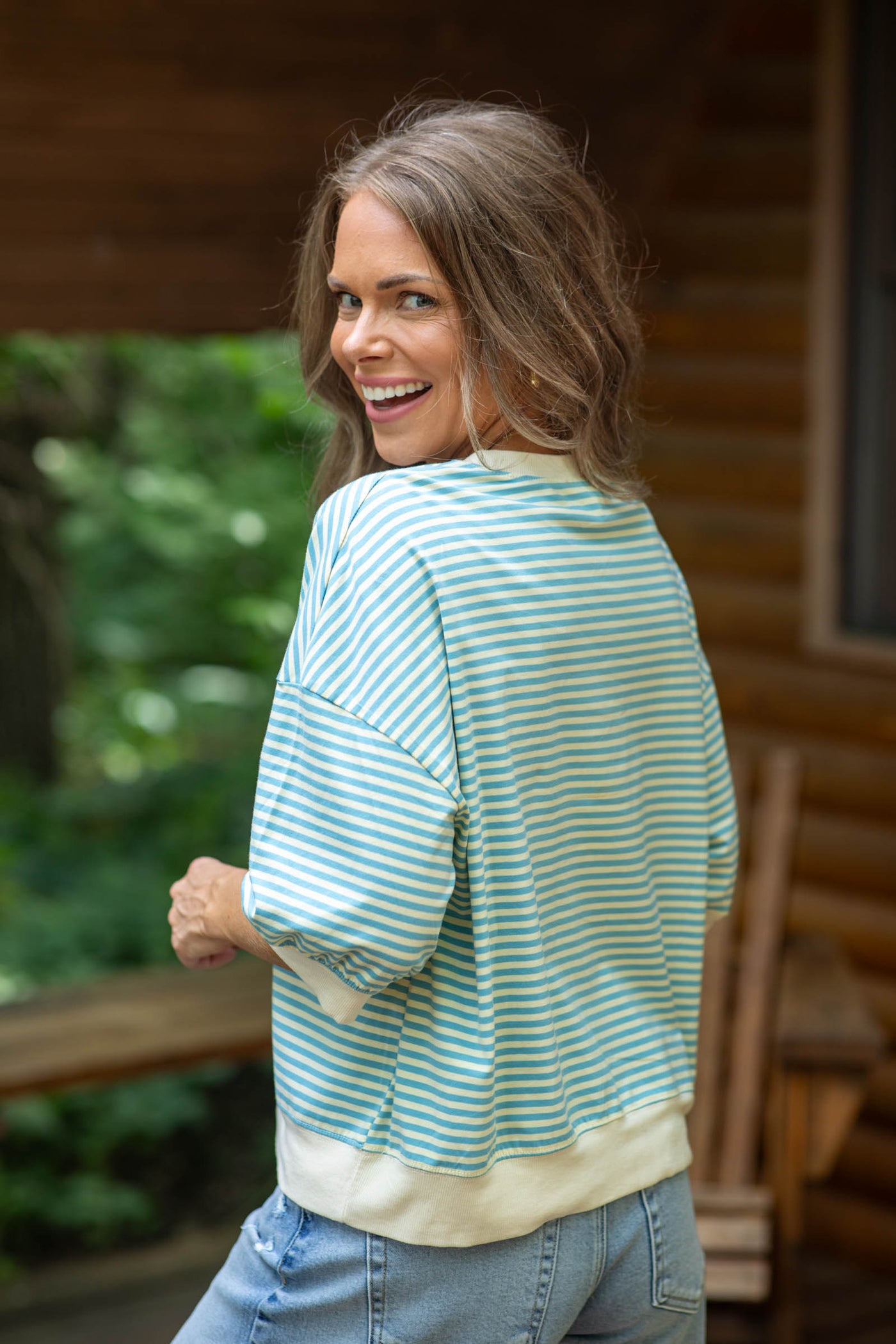 Crewneck Stripe Short Sleeve Knit Tops