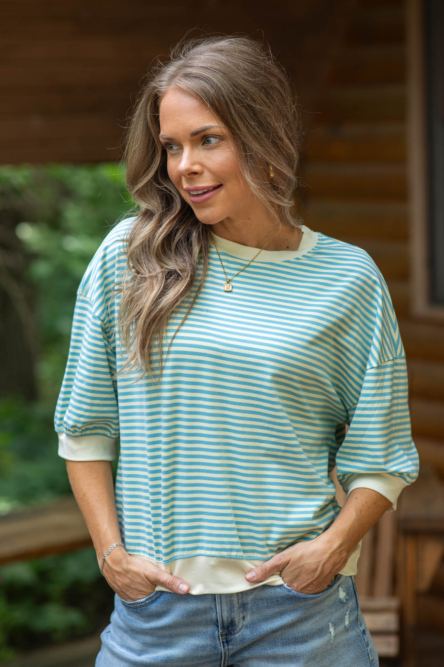 Crewneck Stripe Short Sleeve Knit Tops