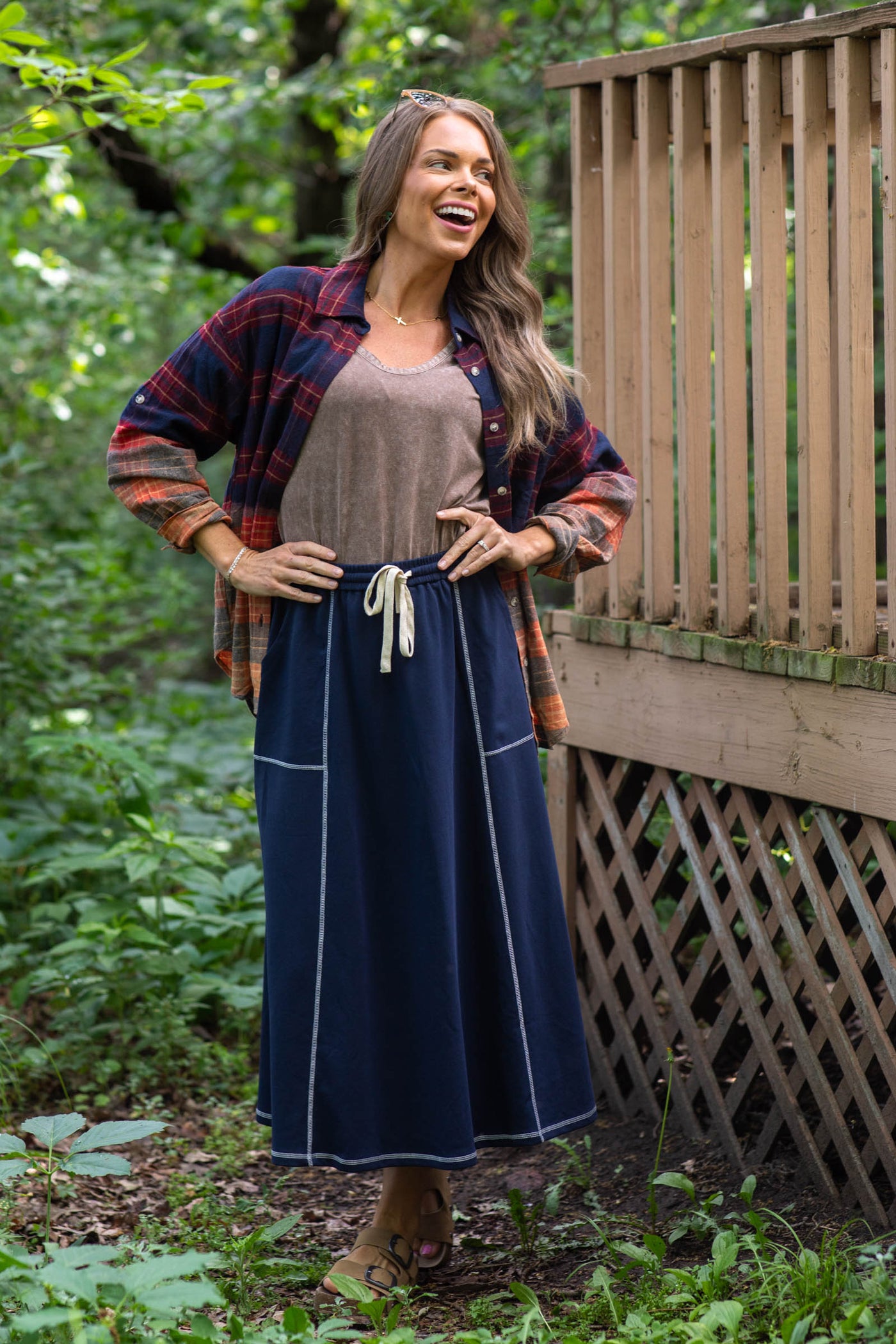 Navy Elastic Waist With Contrast Stitch Skirt