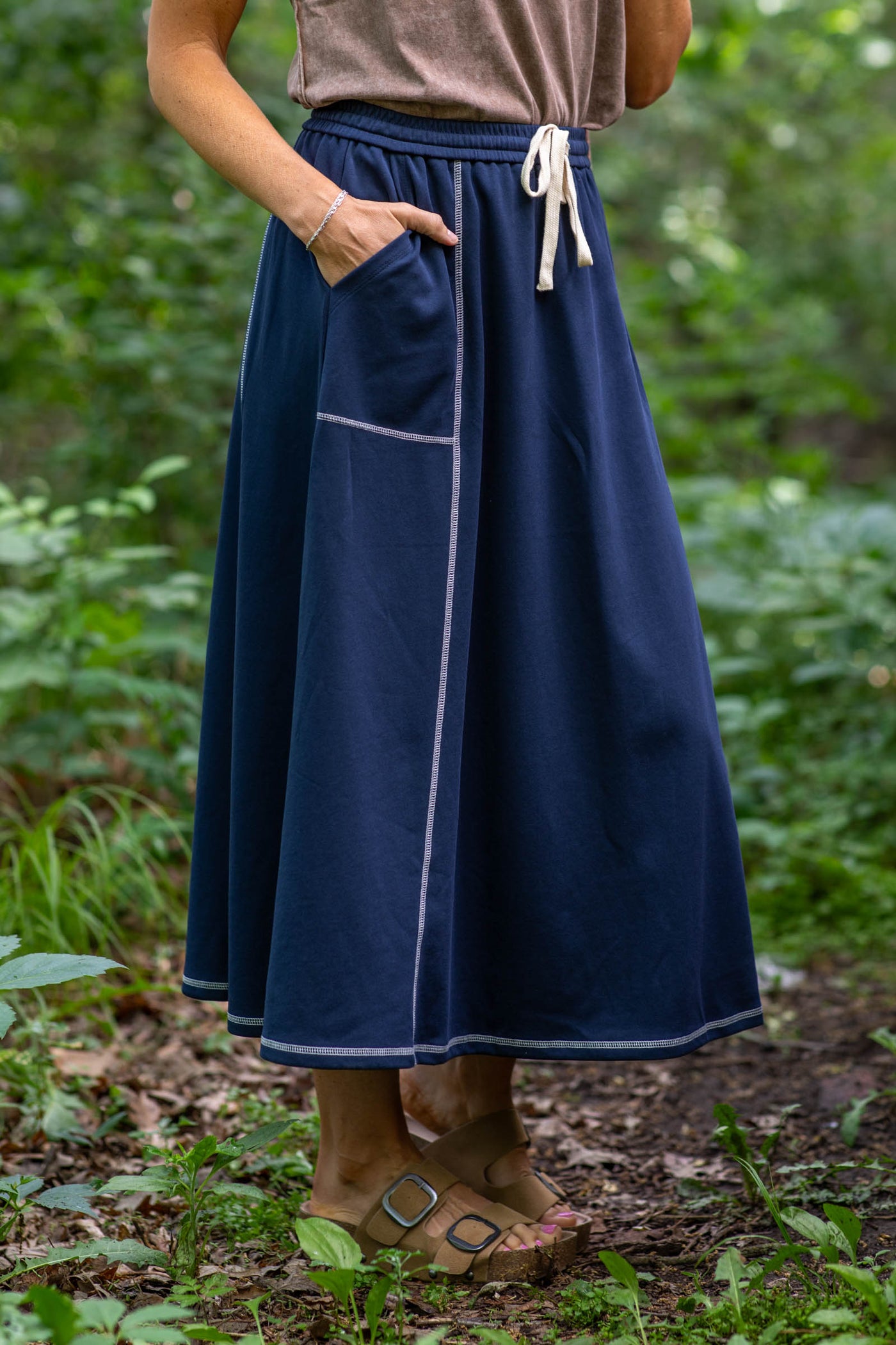 Navy Elastic Waist With Contrast Stitch Skirt