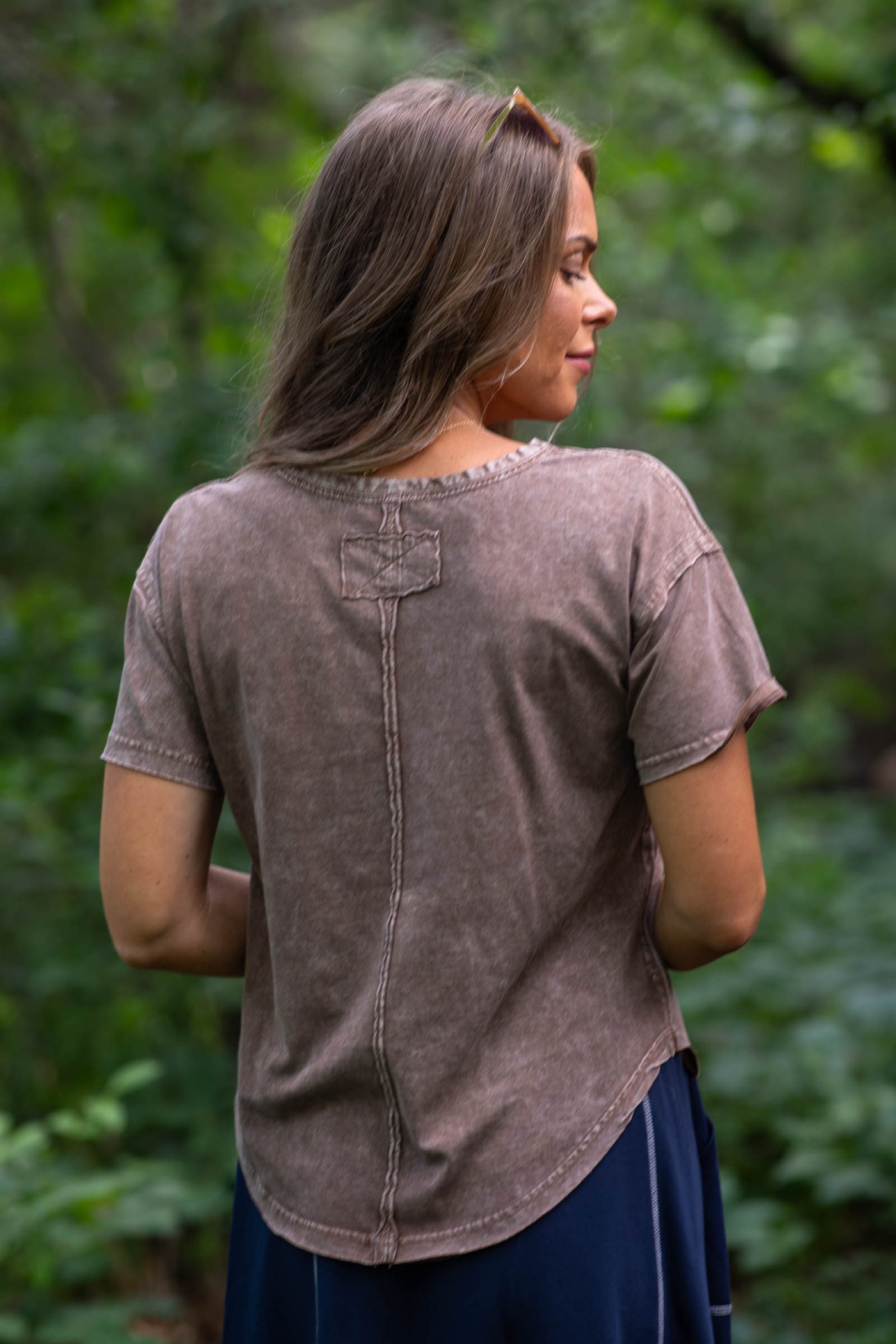 Washed Scoop Neck Raw Edge Short Sleeve Knit Top