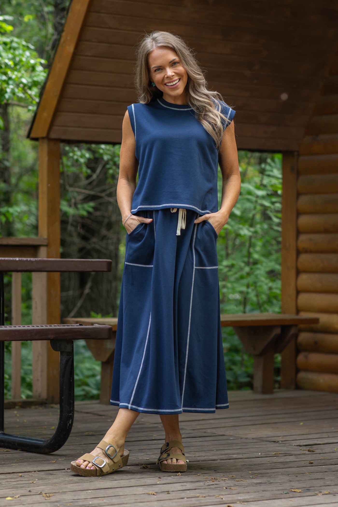Navy Elastic Waist With Contrast Stitch Skirt