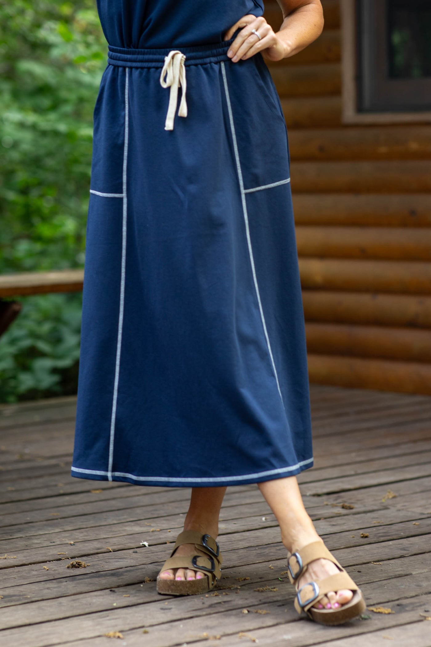 Navy Elastic Waist With Contrast Stitch Skirt
