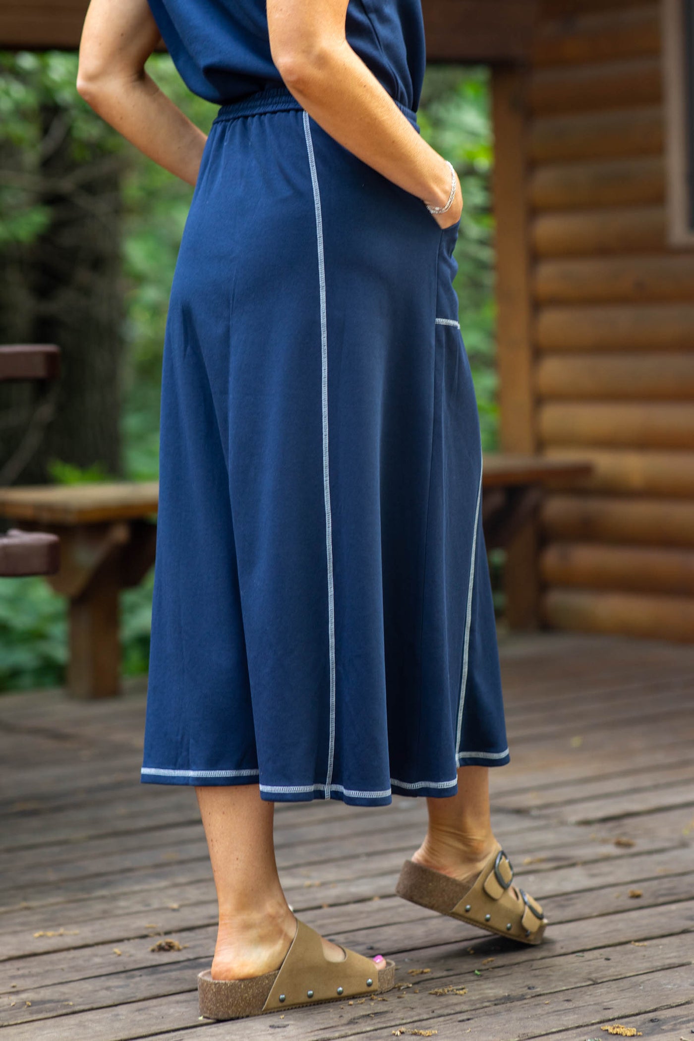 Navy Elastic Waist With Contrast Stitch Skirt