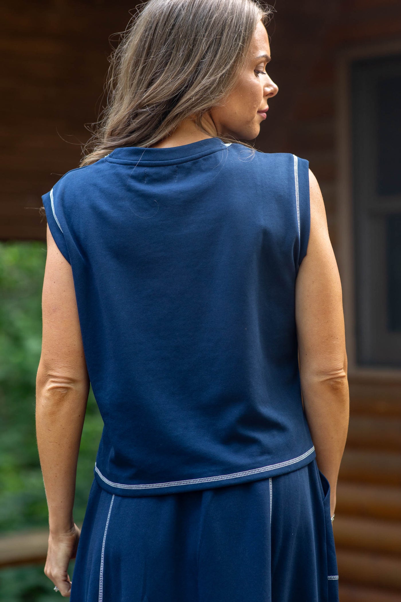Navy Sleeveless Knit Top With Contrast Stitch