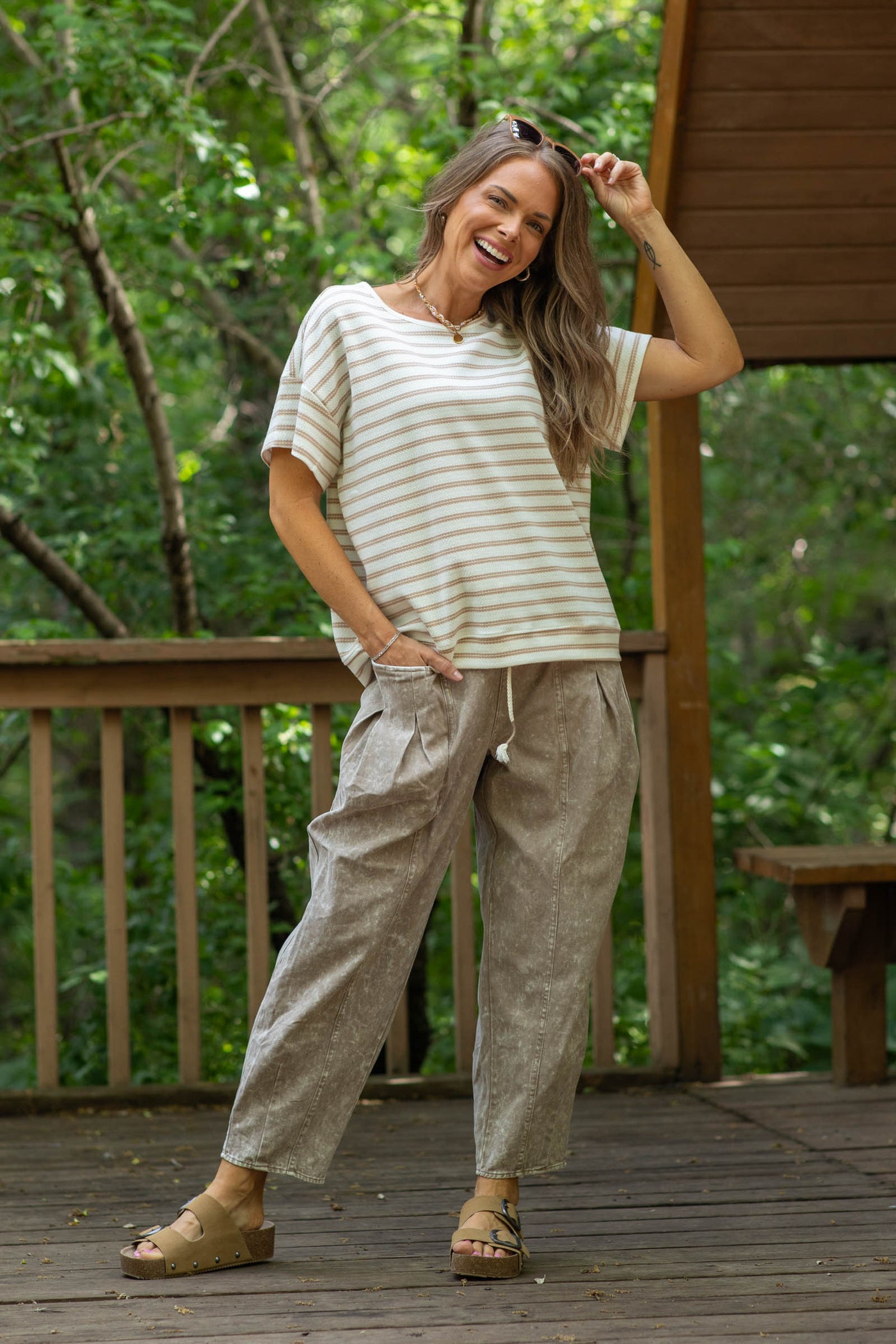 Ivory And Mocha Striped Knit Short Sleeve Top