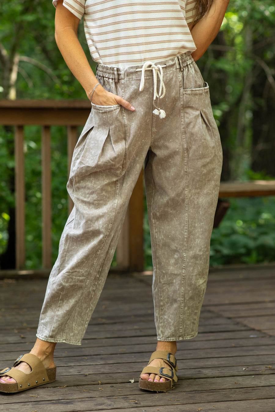 Light Mocha Mineral Washed Twill Barrel Pants