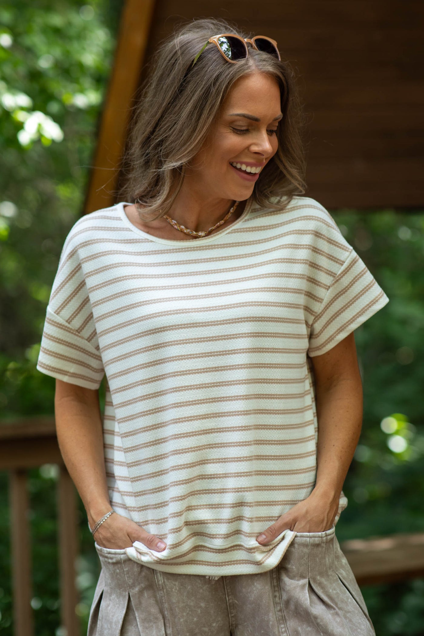 Ivory And Mocha Striped Knit Short Sleeve Top