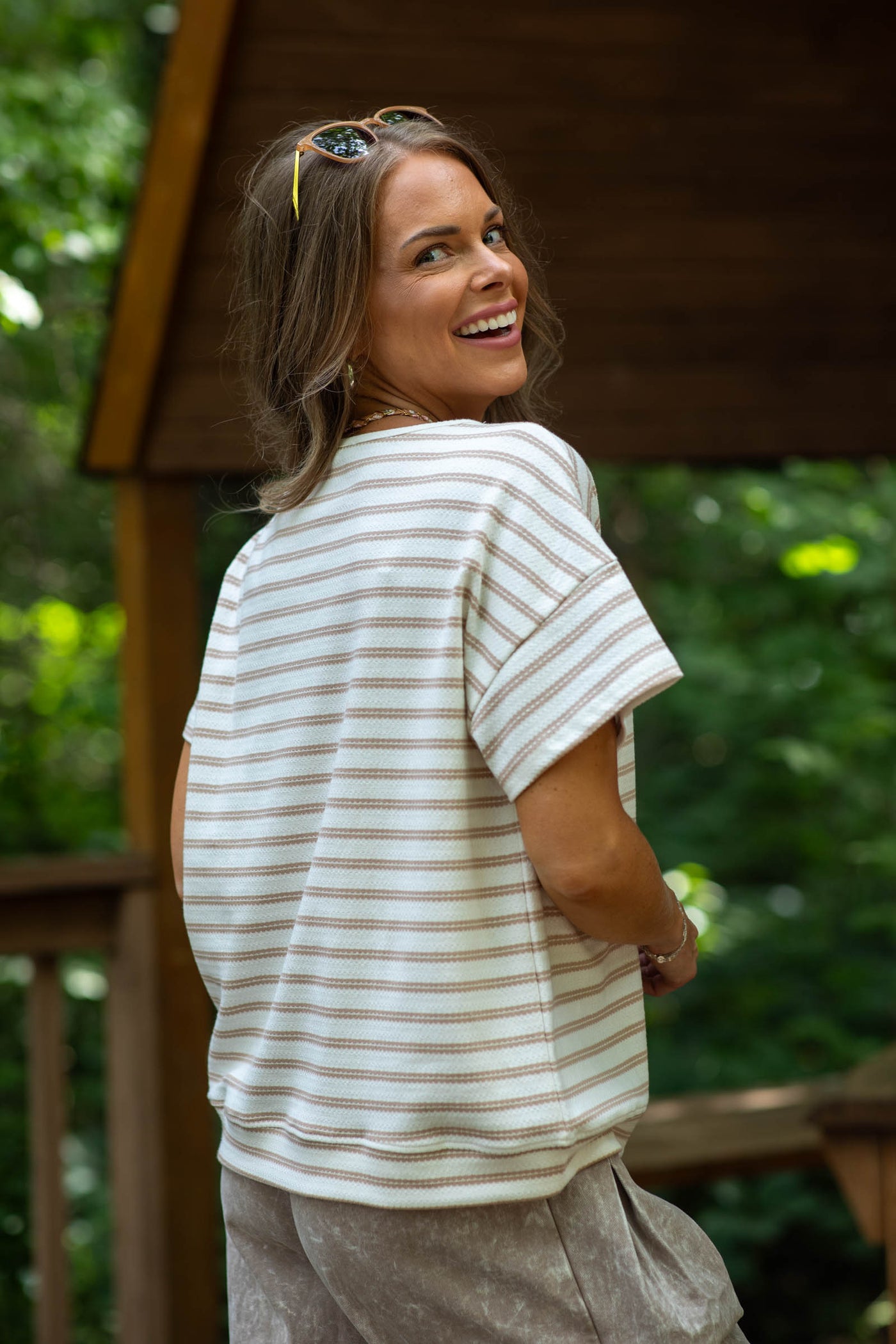 Ivory And Mocha Striped Knit Short Sleeve Top