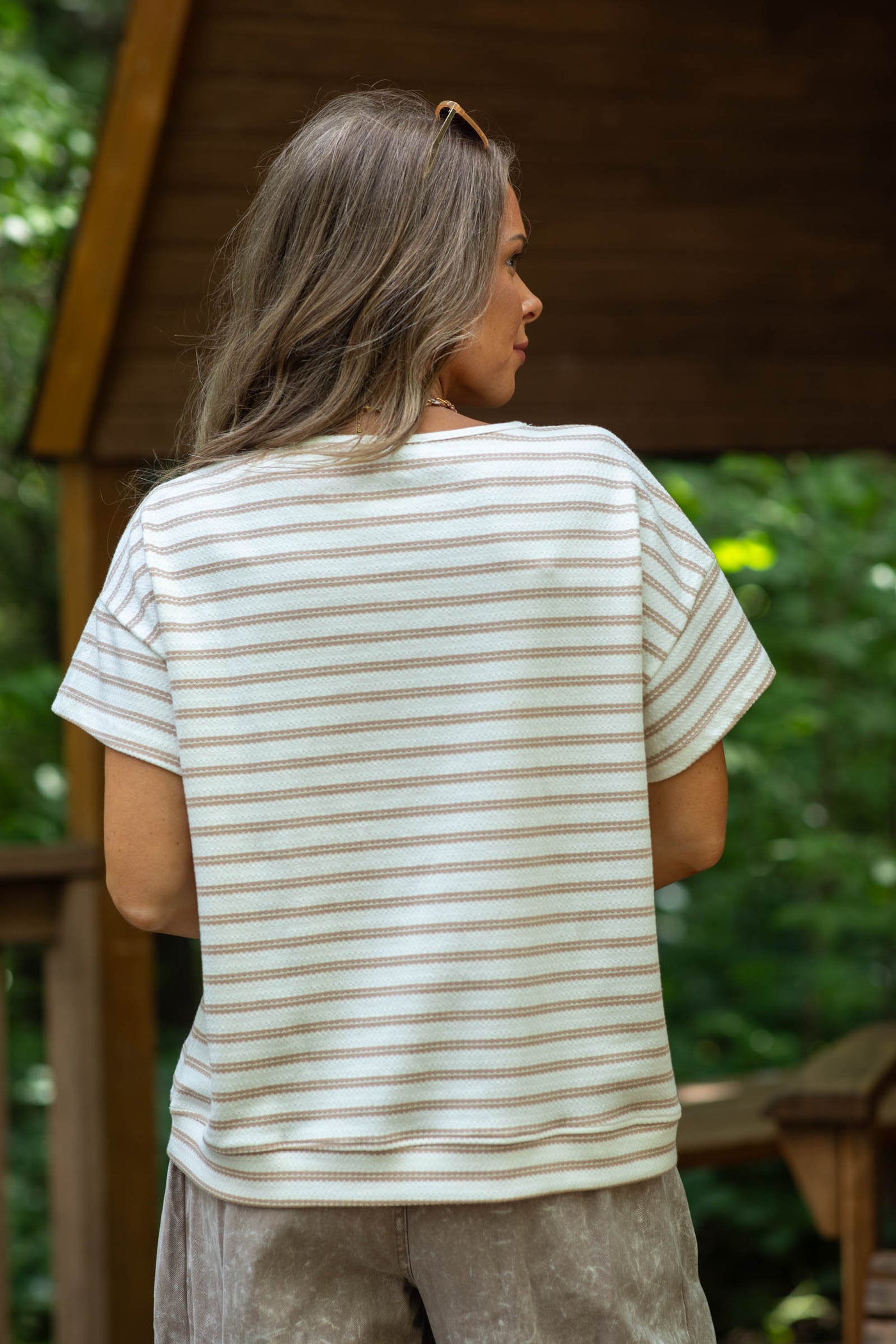 Ivory And Mocha Striped Knit Short Sleeve Top