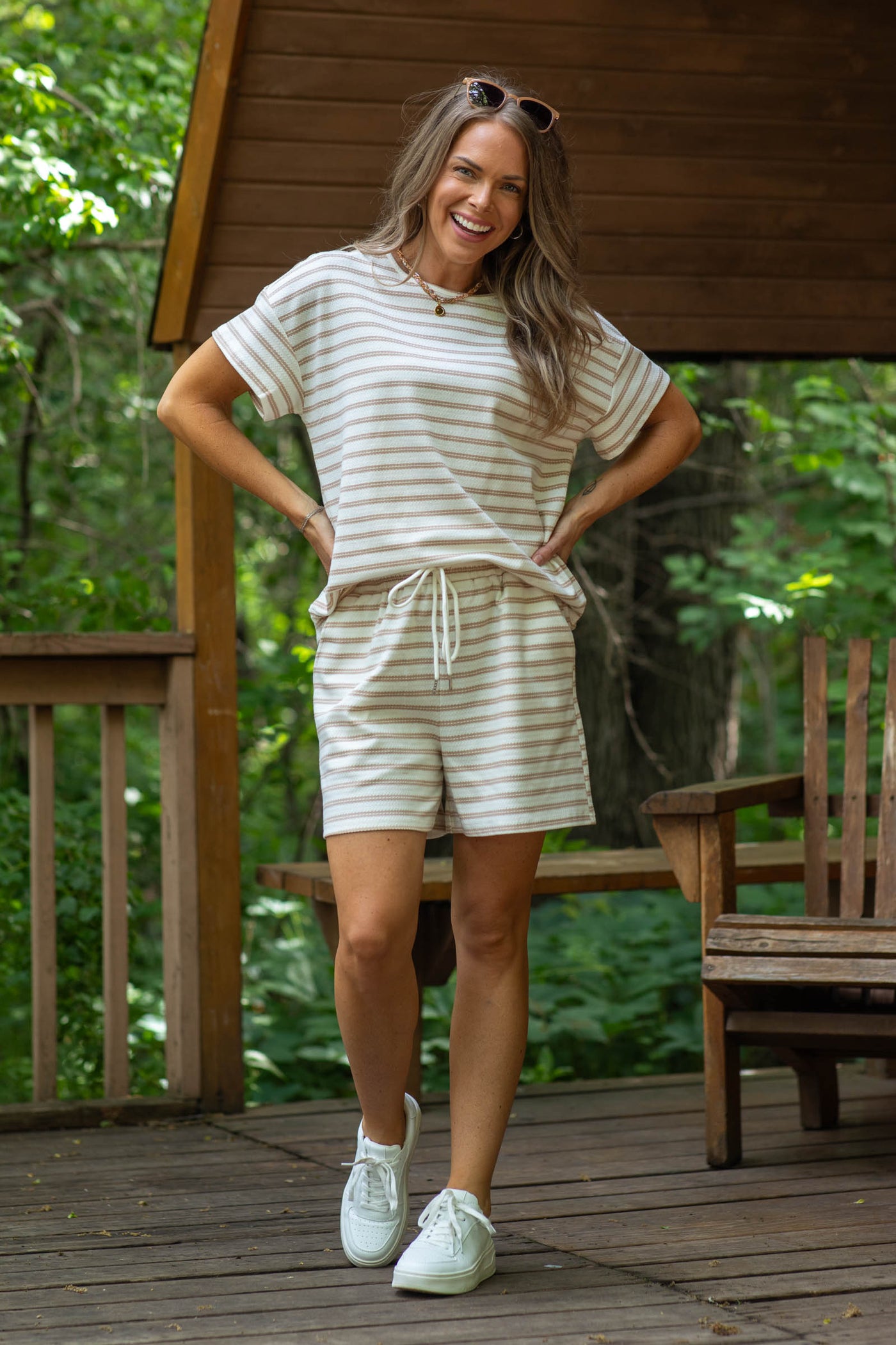 Ivory And Mocha Striped Drawstring Shorts