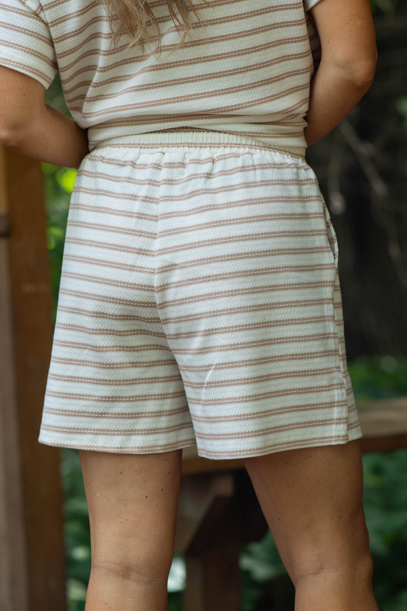 Ivory And Mocha Striped Drawstring Shorts