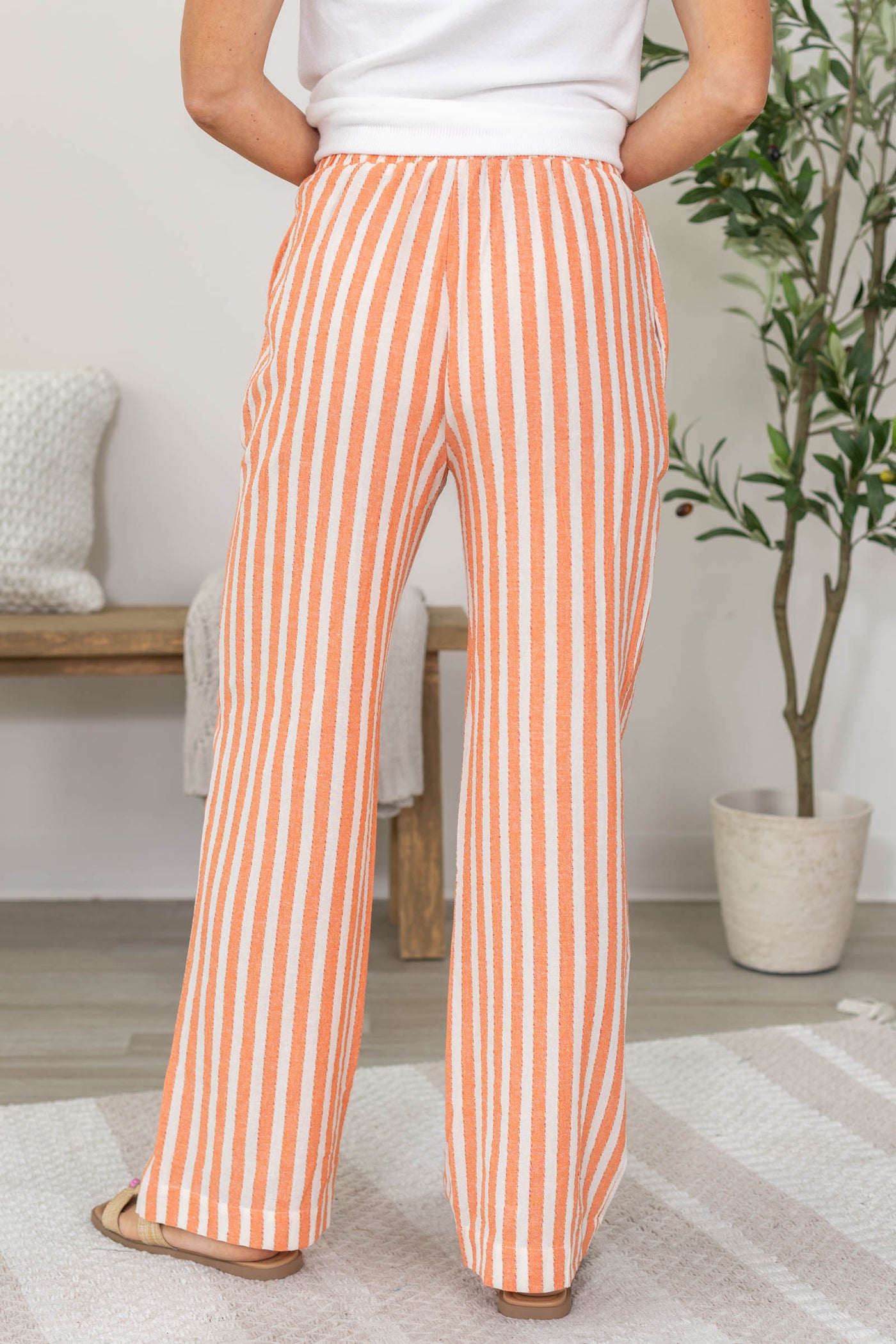 Coral Striped Wide Leg Drawstring Pants