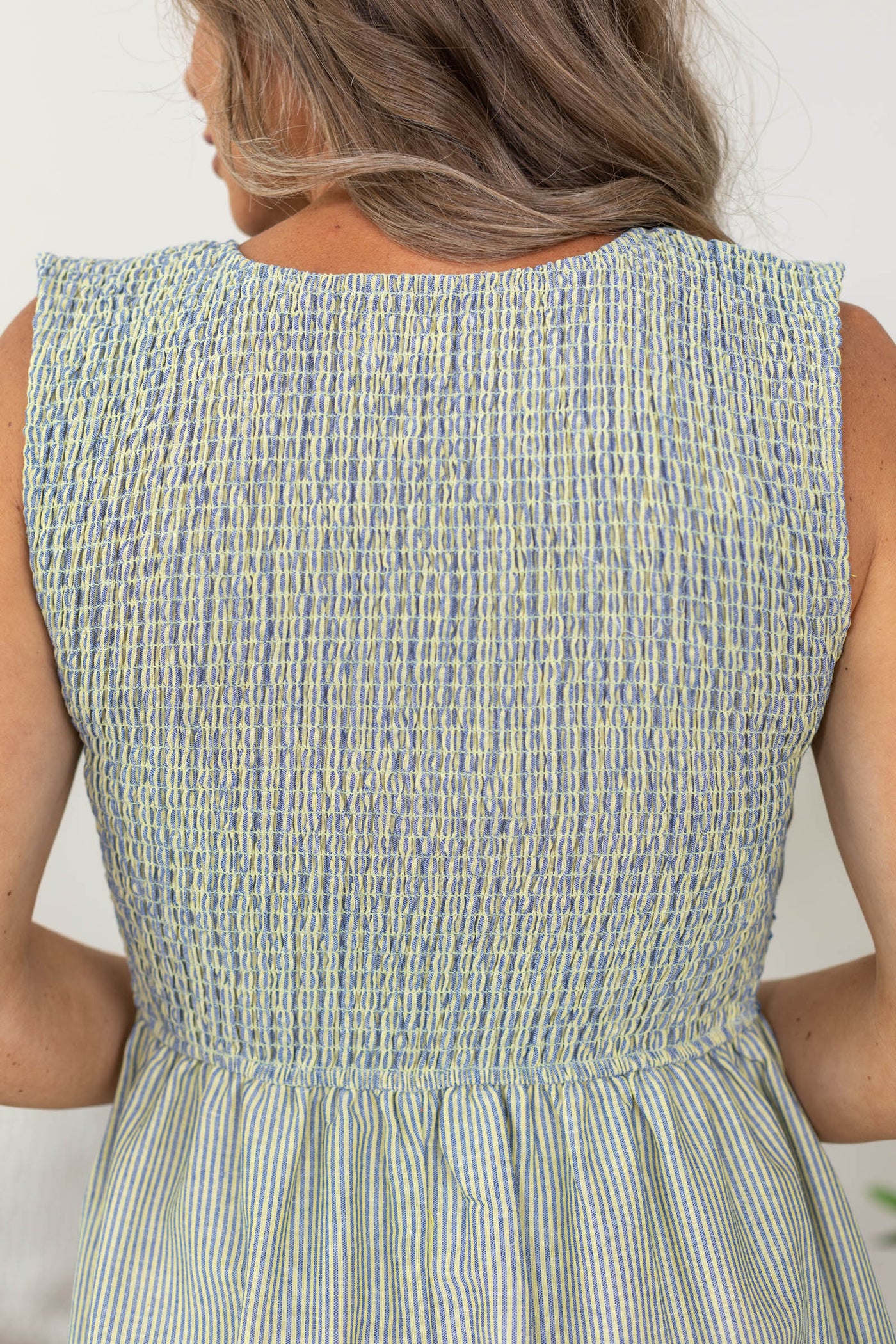 Blue And Yellow Pinstripe Smocked Midi Dress
