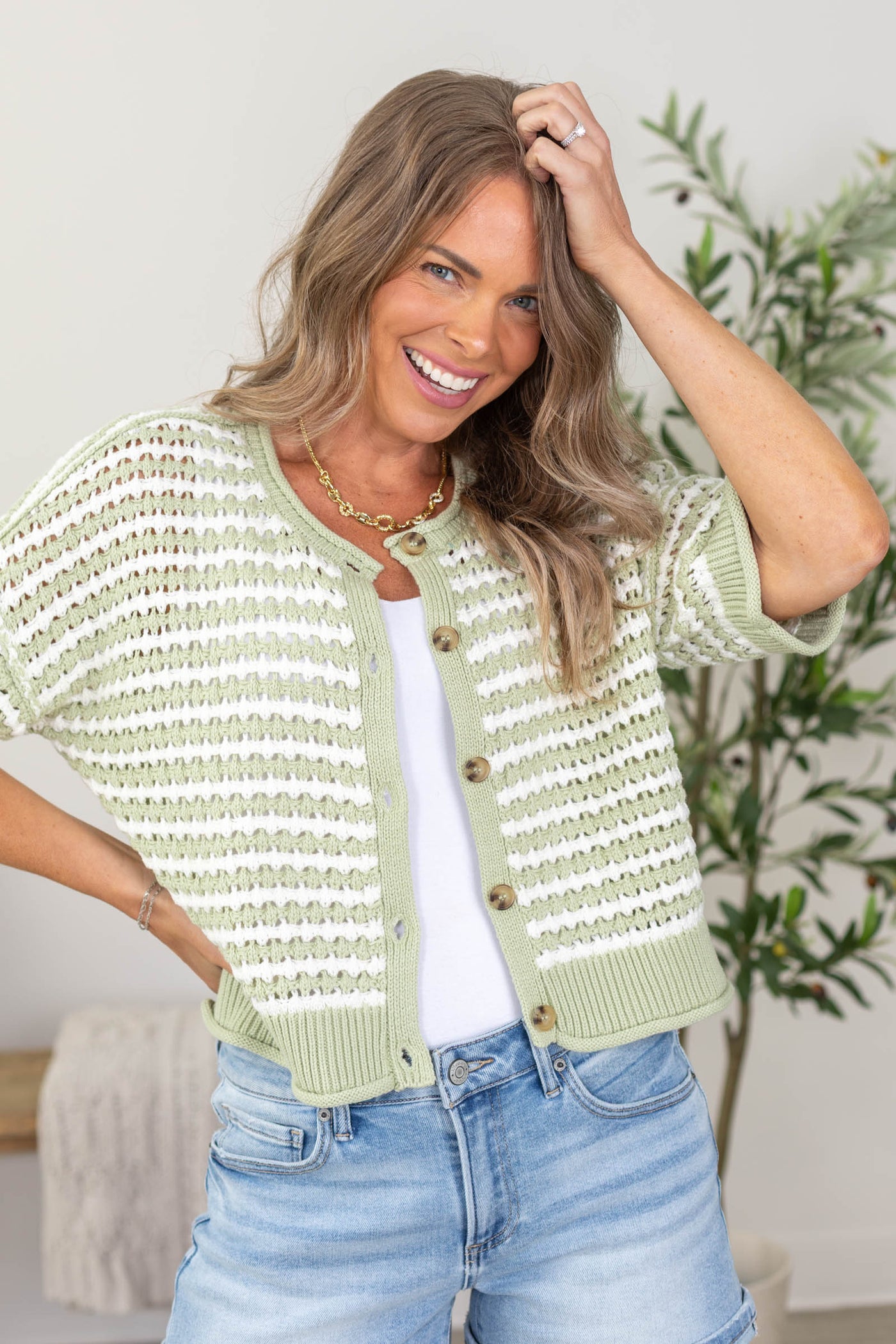Stripe Short Sleeve Crochet Knit Cardigan