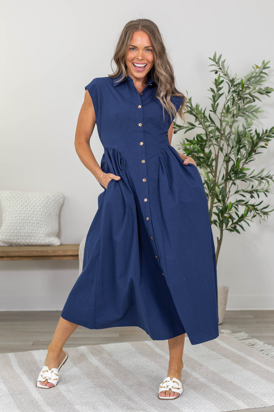 Navy Collared Button Up Cap Sleeve Dress