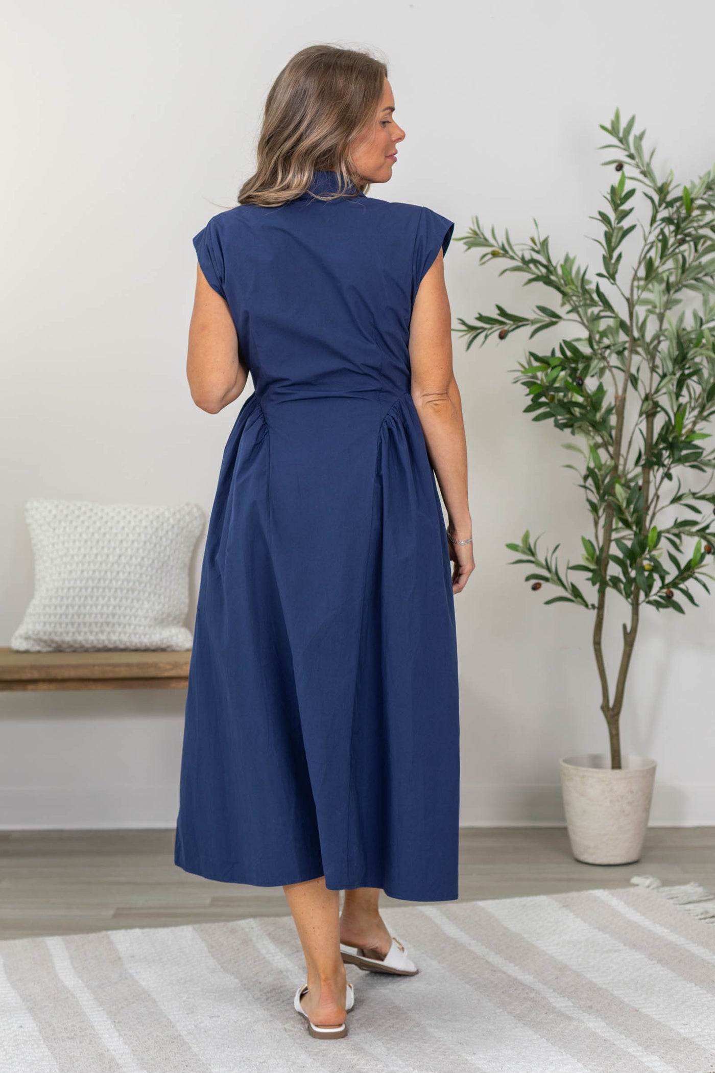 Navy Collared Button Up Cap Sleeve Dress
