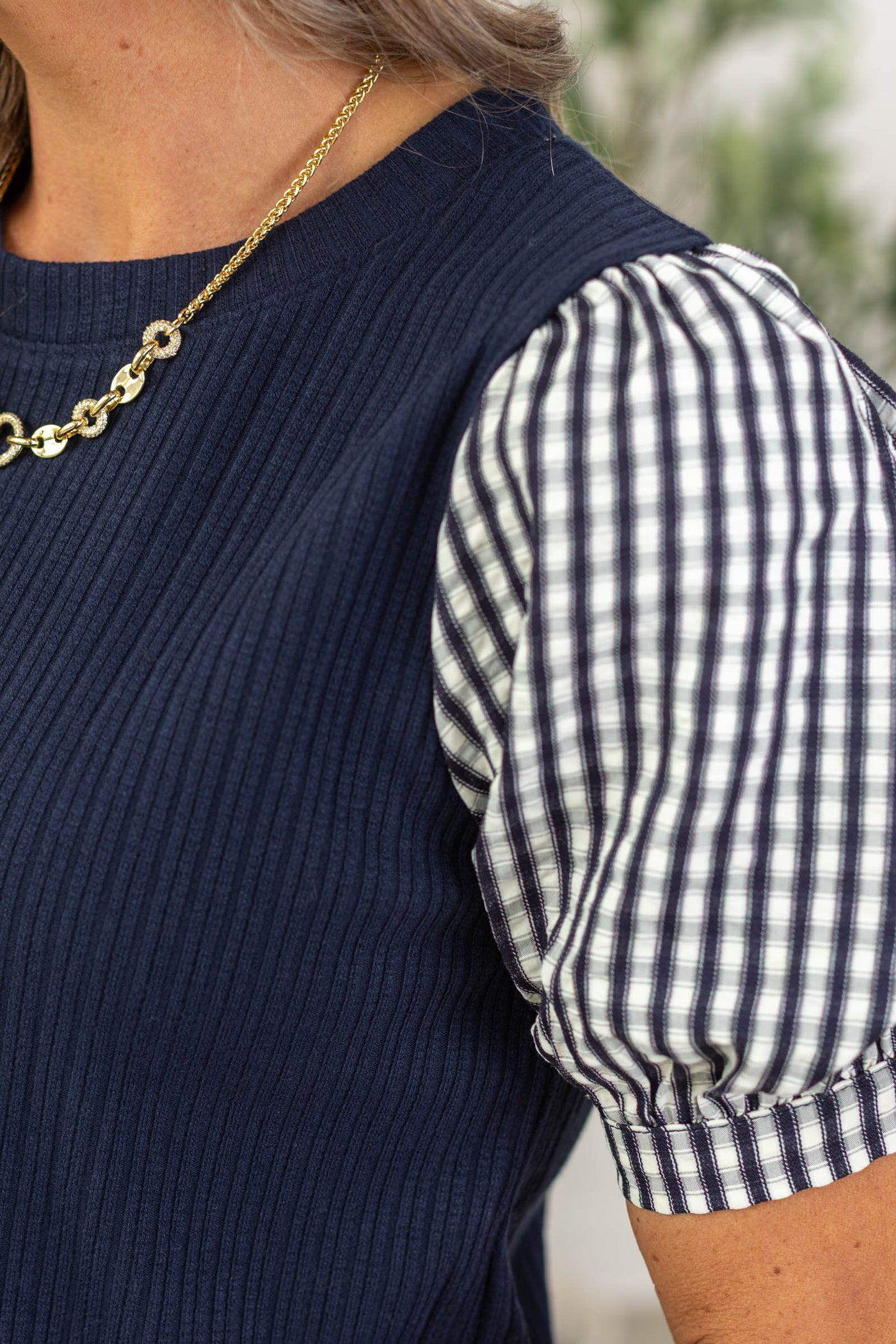 Staccato Navy Ribbed Knit Top With Gingham Sleeve