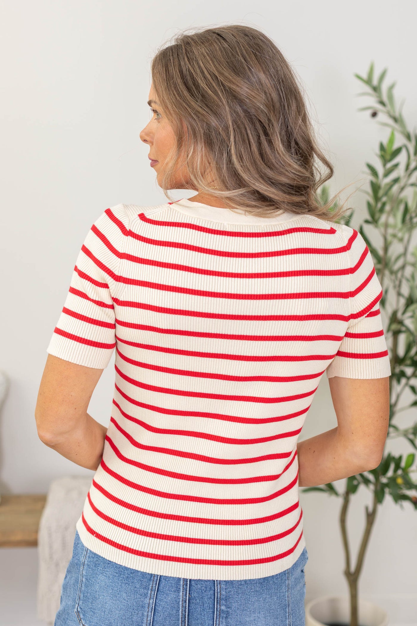 Staccato Red Striped Button Short Sleeve Cardigan