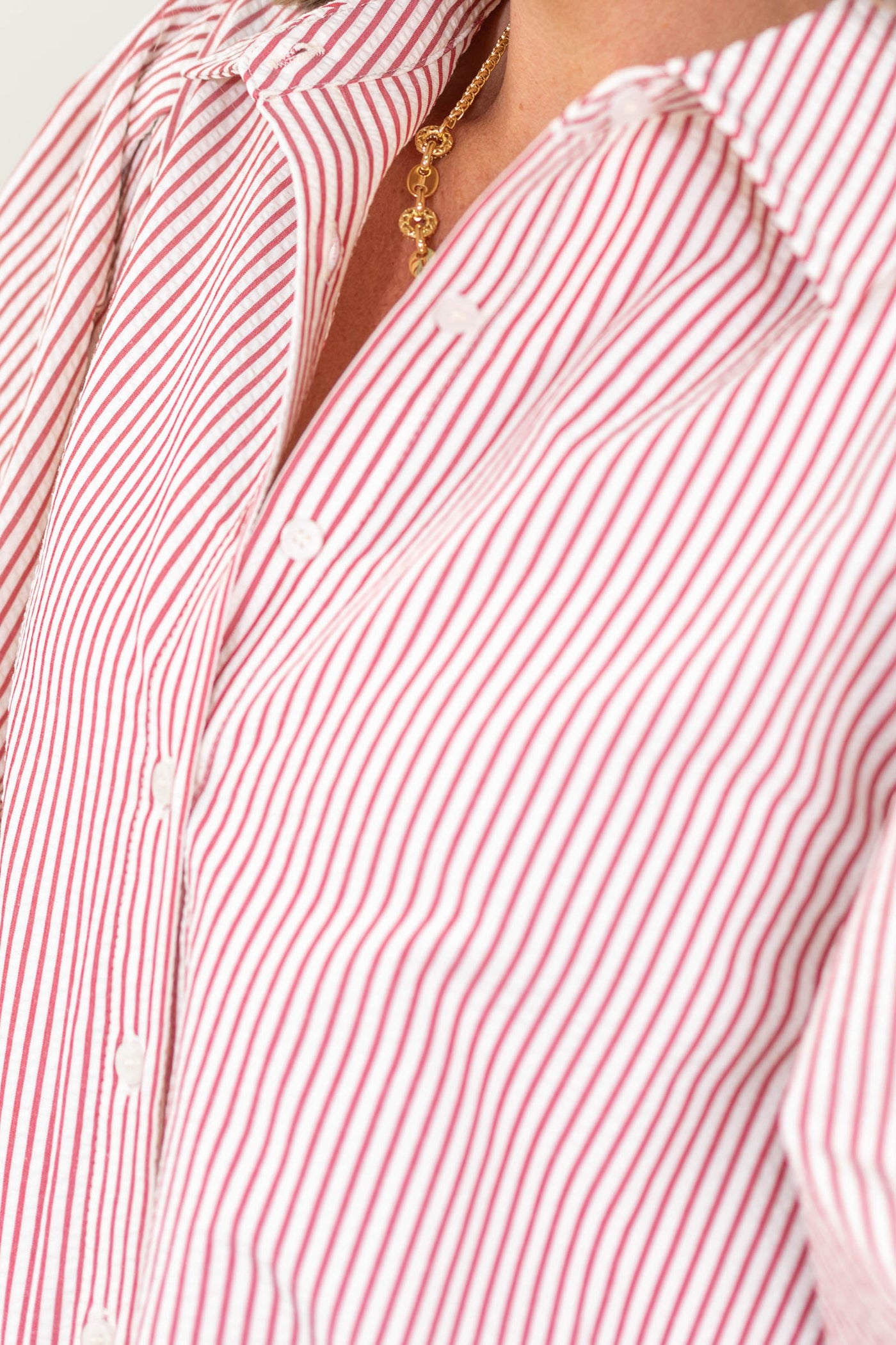 Staccato Red Bubble Sleeve Button Down Striped Top