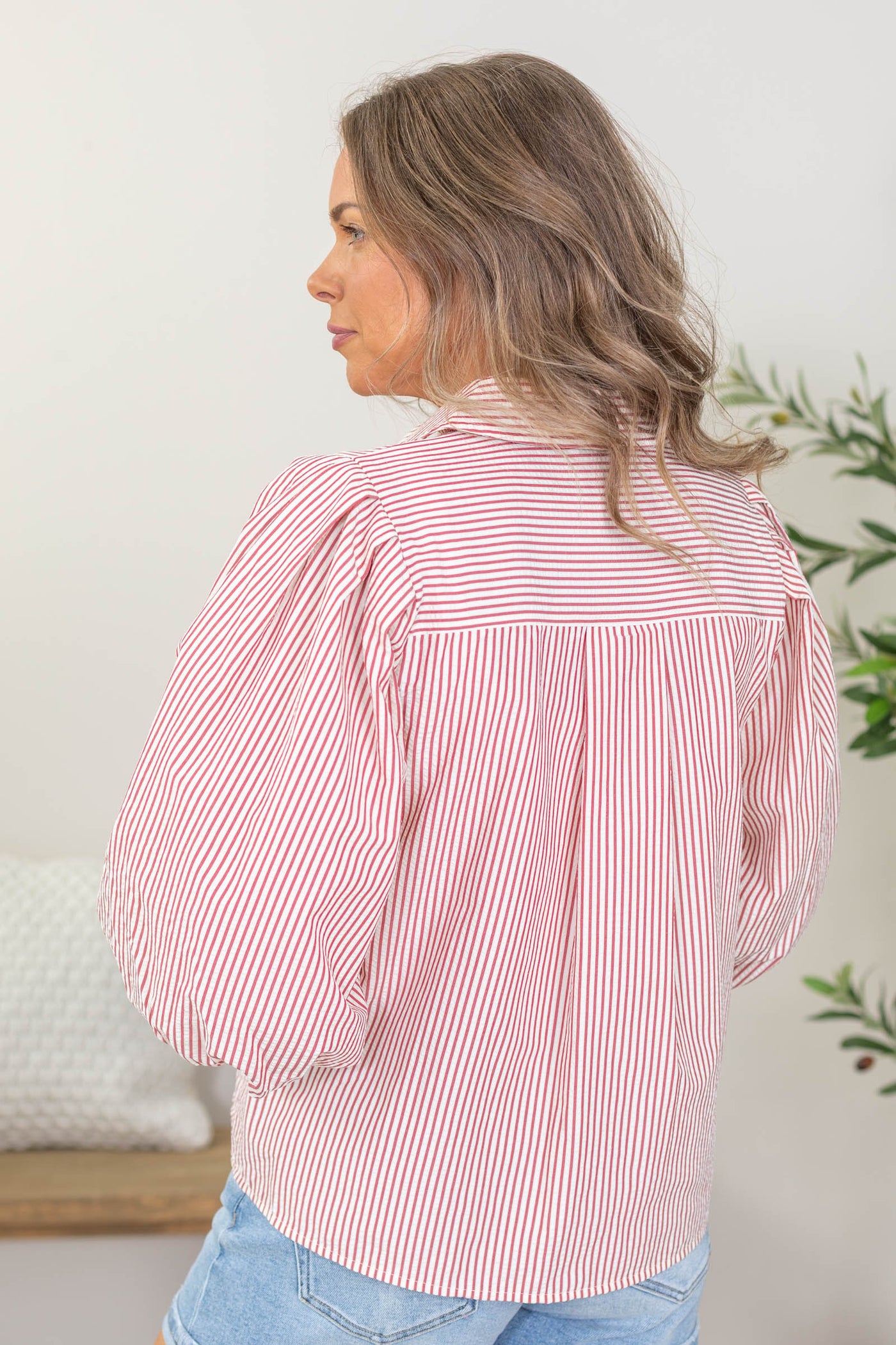Staccato Red Bubble Sleeve Button Down Striped Top