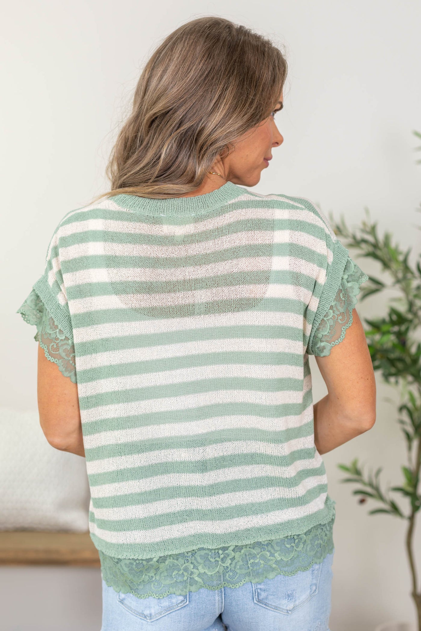 Sage Striped Contrast Lace Detail Knit Top