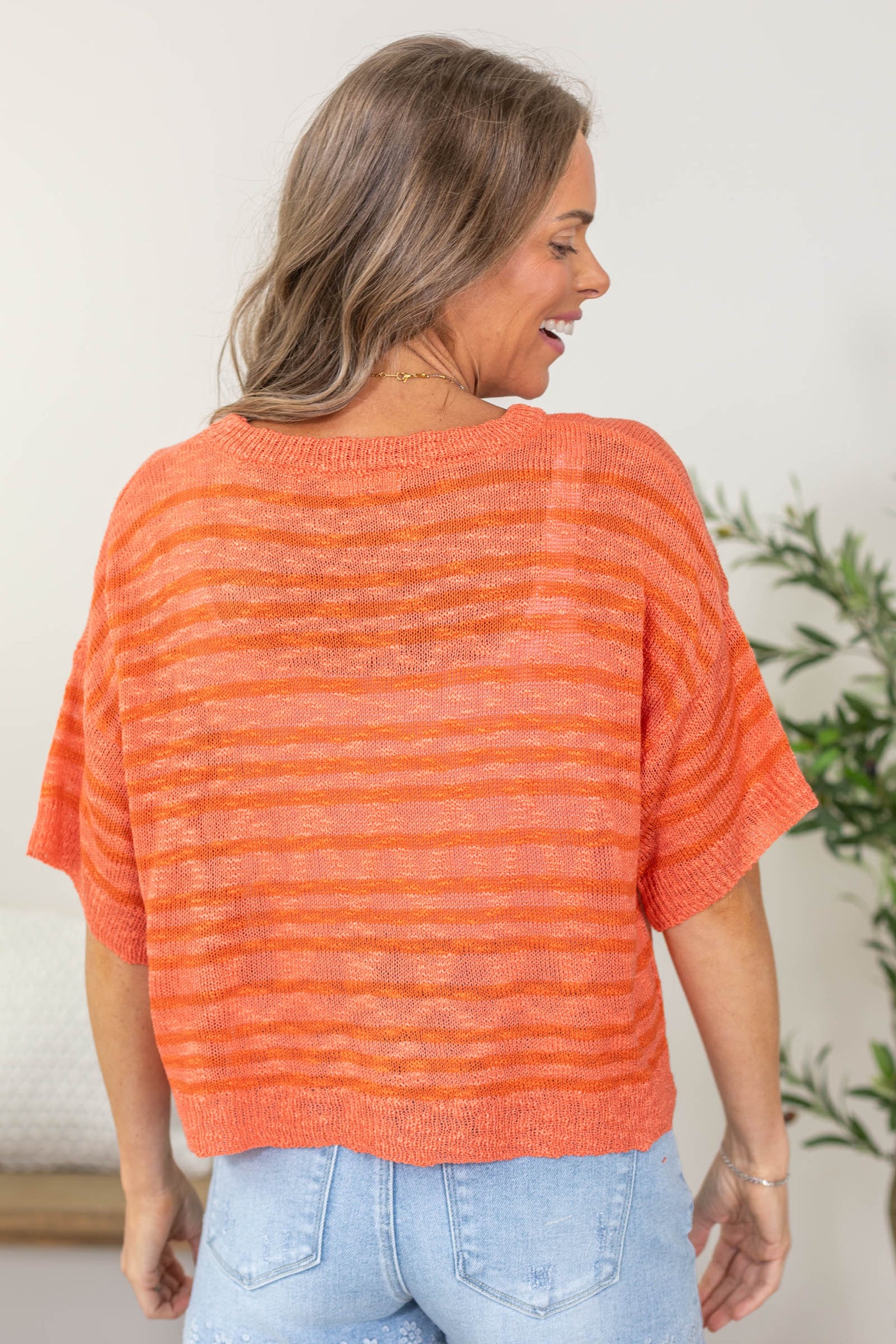 Coral Stripe Slub Knit Short Sleeve Top
