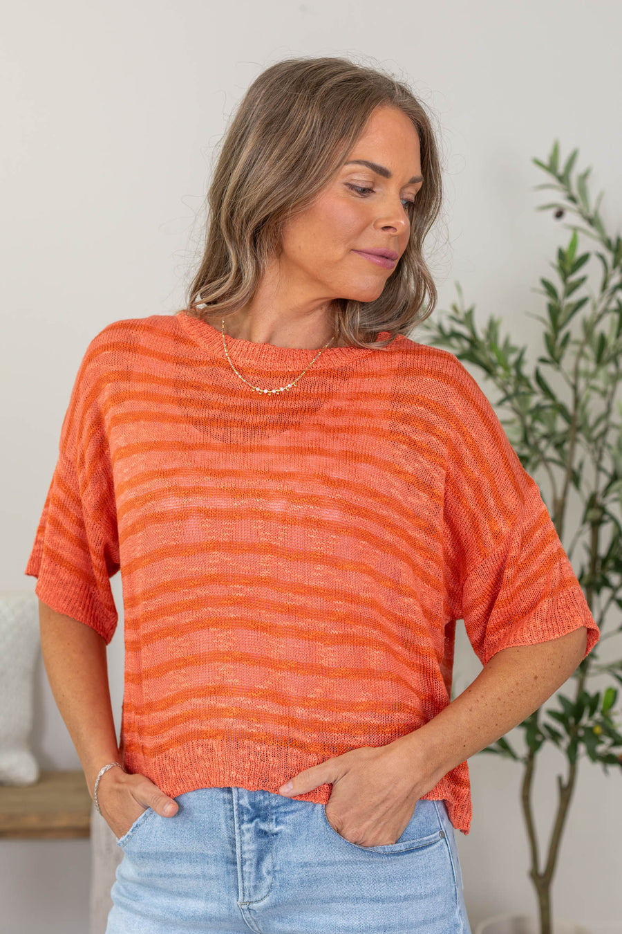 Coral Stripe Slub Knit Short Sleeve Top