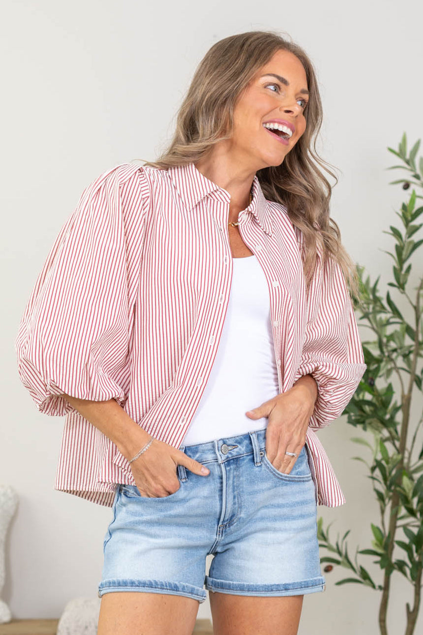 Staccato Red Bubble Sleeve Button Down Striped Top