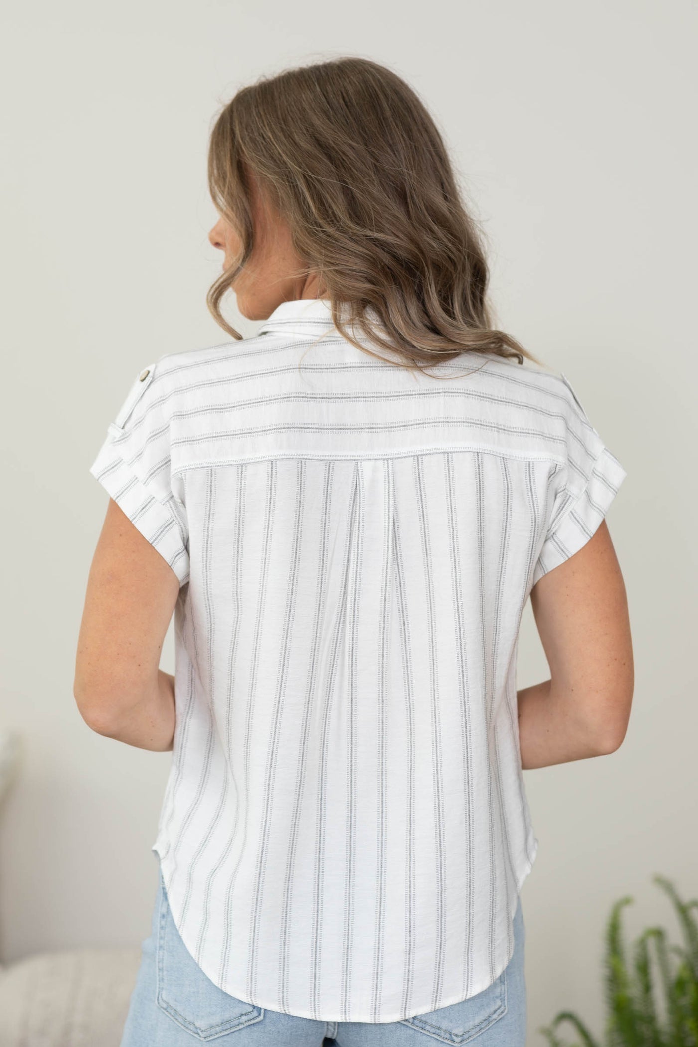White Stripe Tab Detail Button Down Top