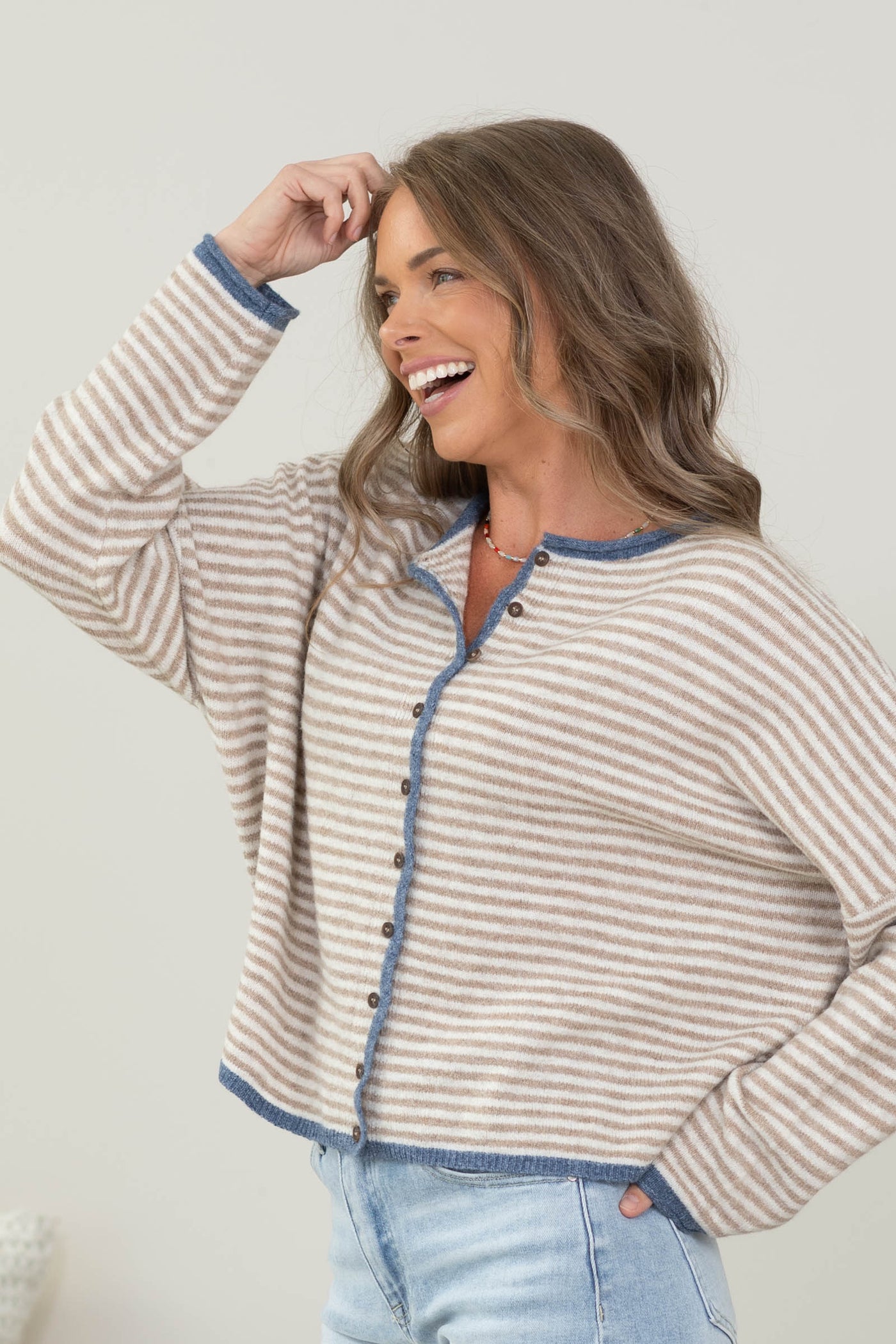 Stripe Raw Edge Button Cardigan With Contrast