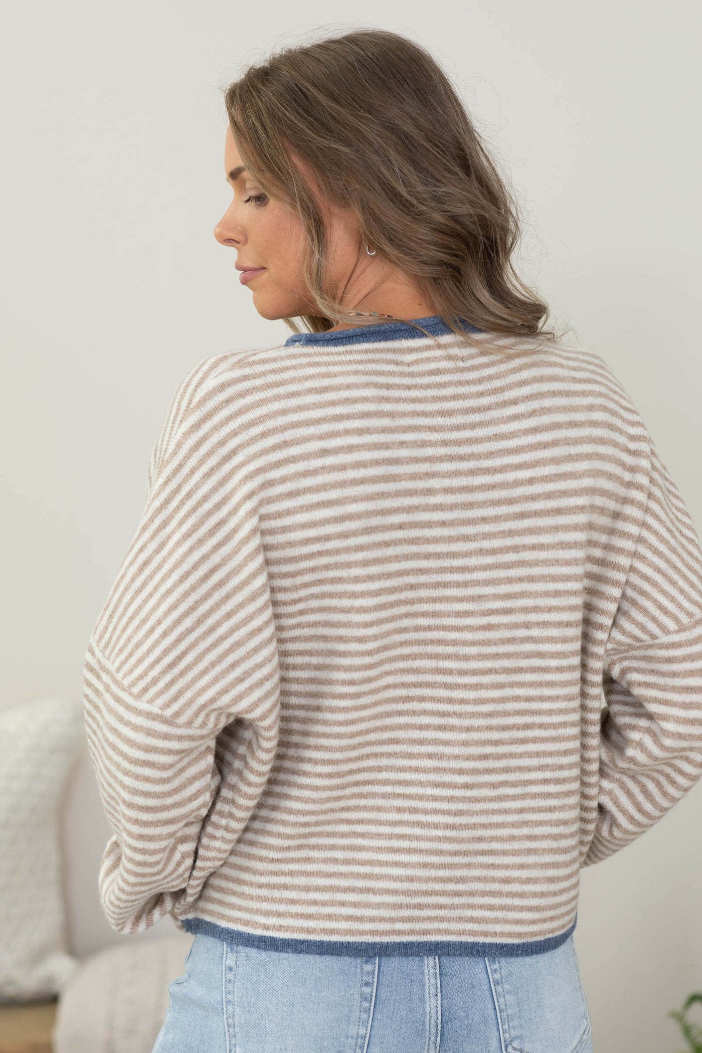 Stripe Raw Edge Button Cardigan With Contrast