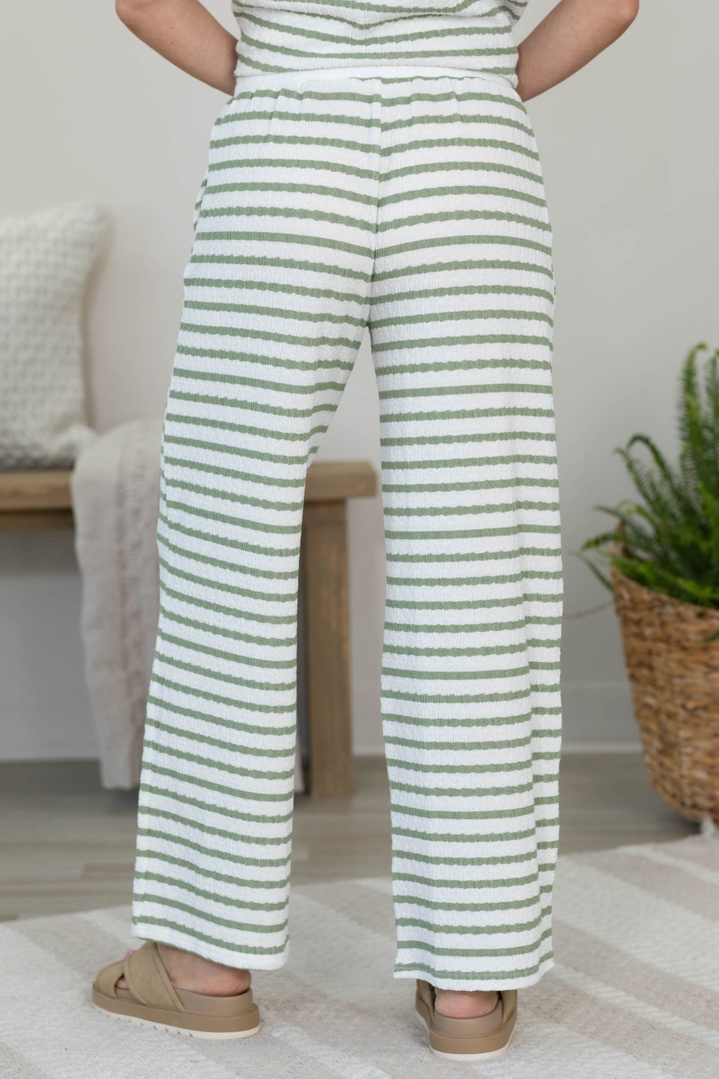 Sage Textured Stripe Drawstring Wide Leg Pants