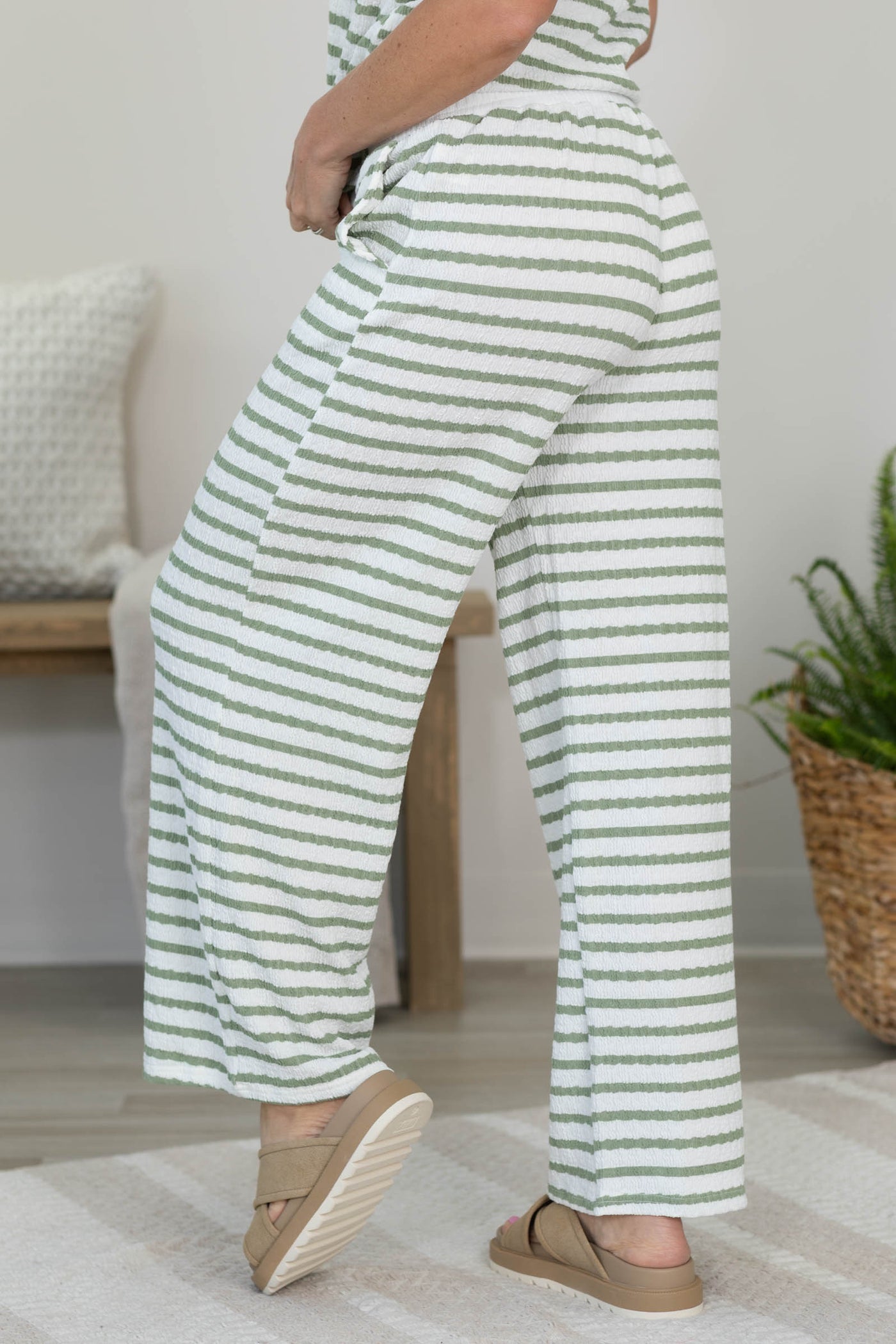 Sage Textured Stripe Drawstring Wide Leg Pants