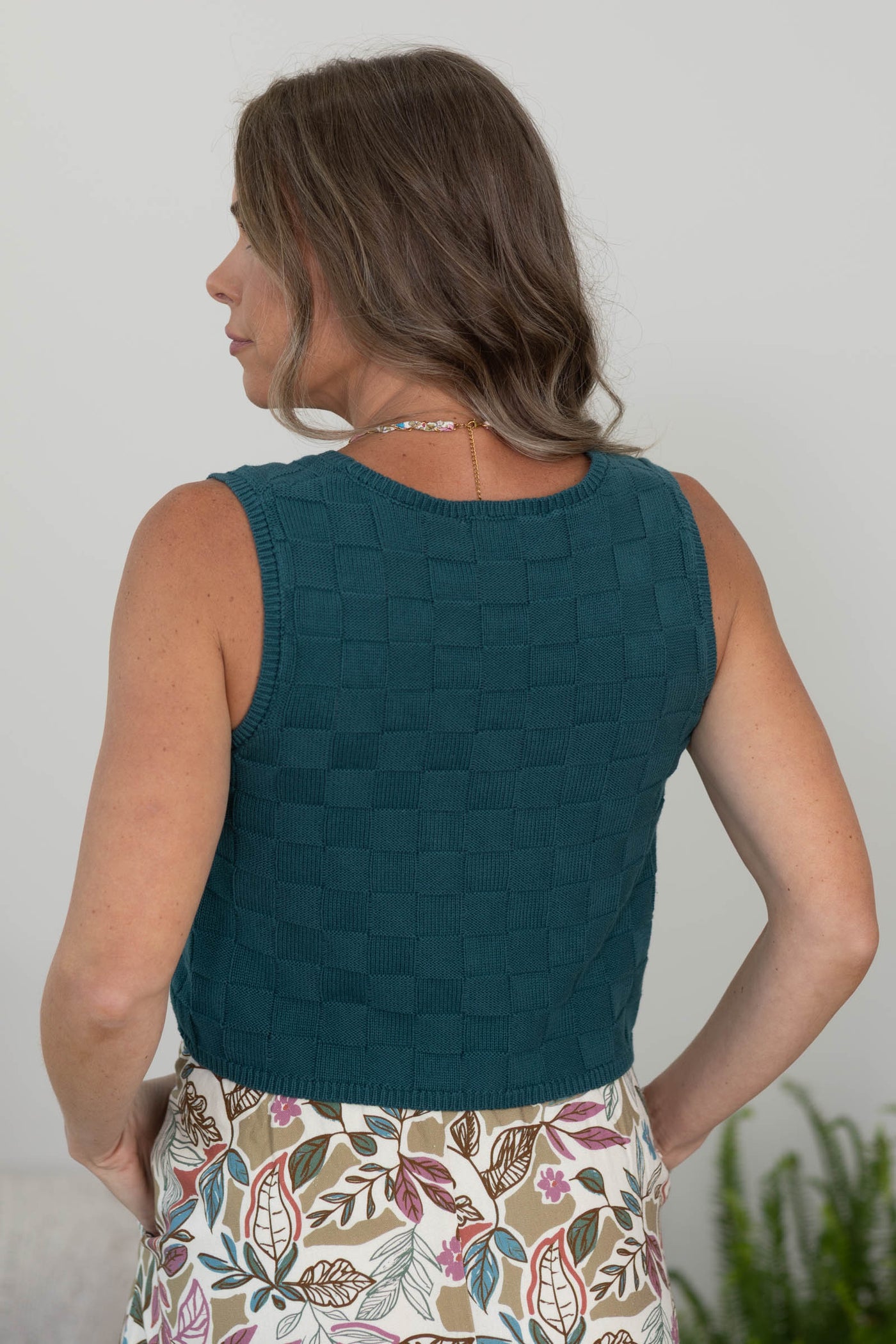 Teal Basket Weave V-Neck Knit Vest- 100% Cotton