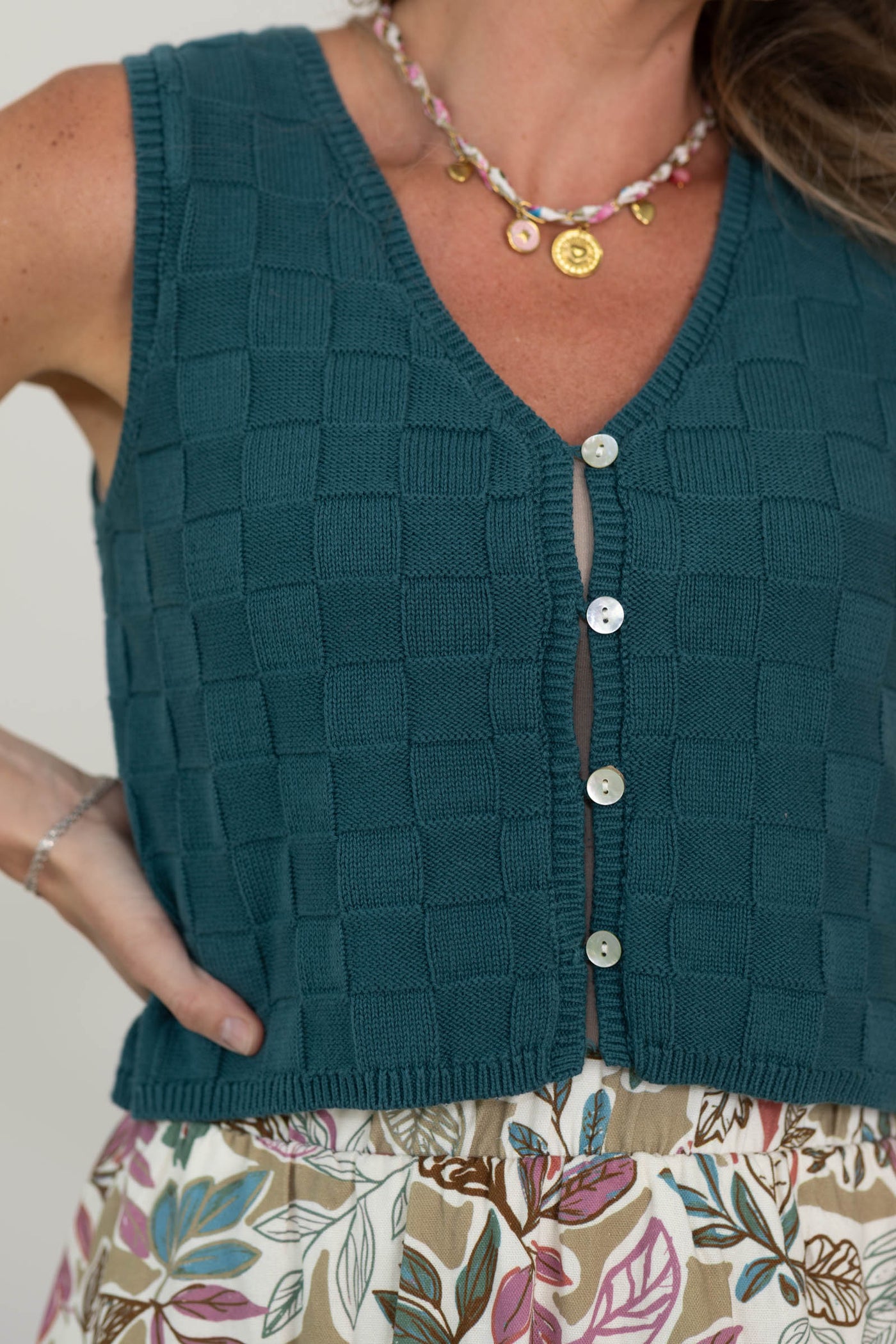 Teal Basket Weave V-Neck Knit Vest- 100% Cotton