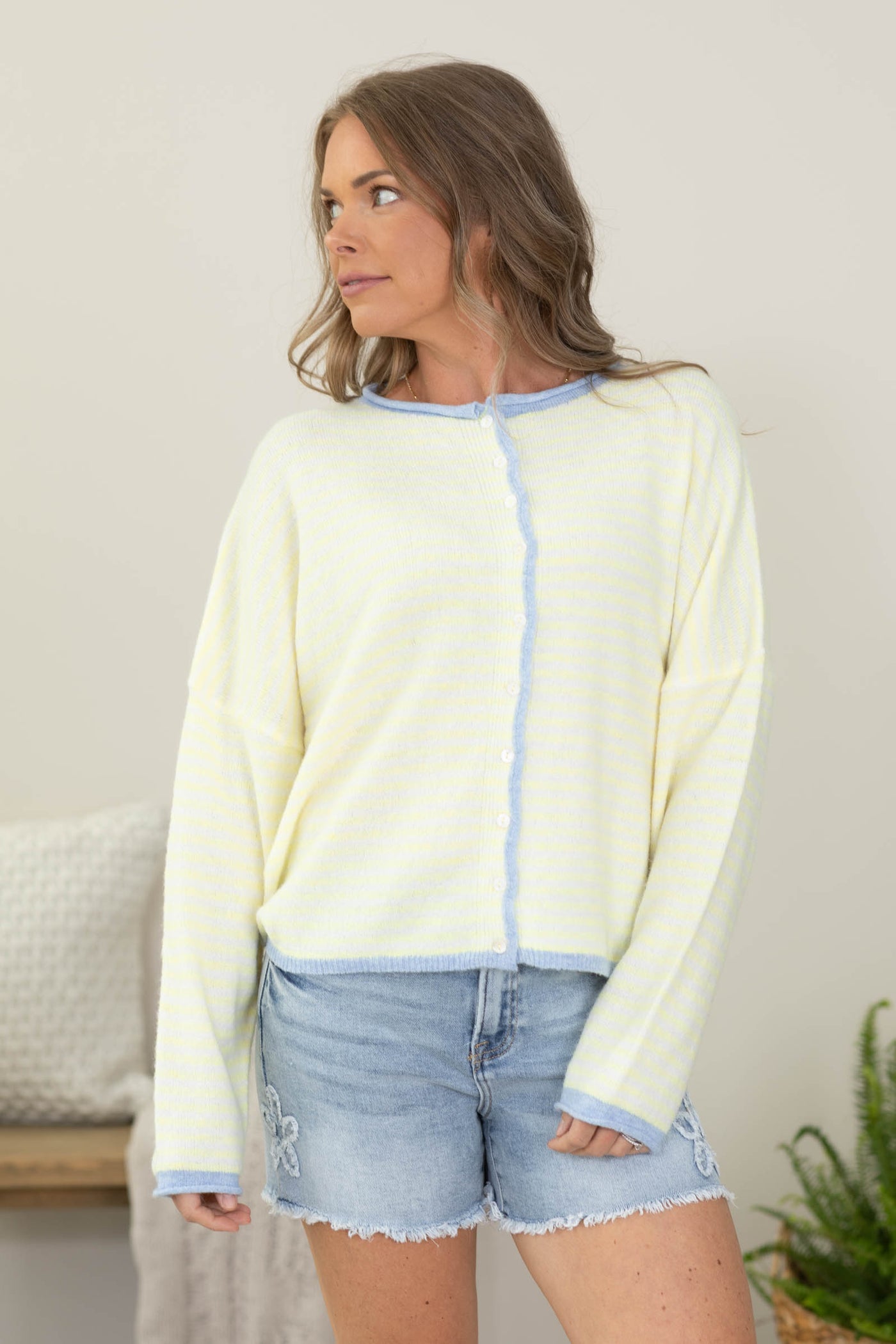 Stripe Raw Edge Button Cardigan With Contrast