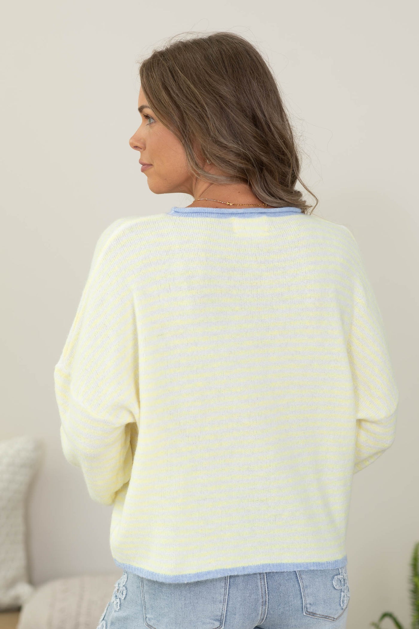 Stripe Raw Edge Button Cardigan With Contrast
