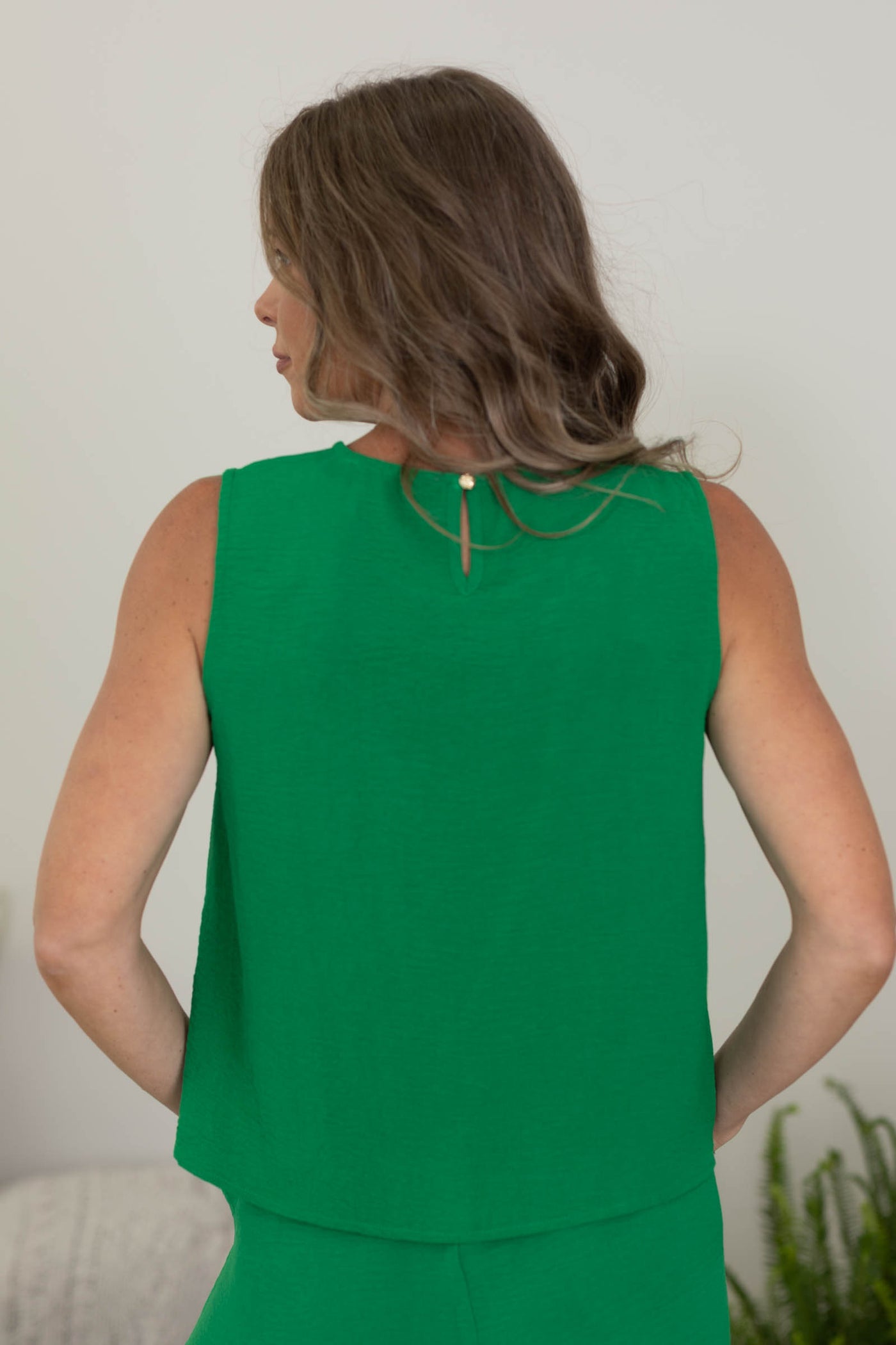 Green Textured Woven Tank And Pants Set