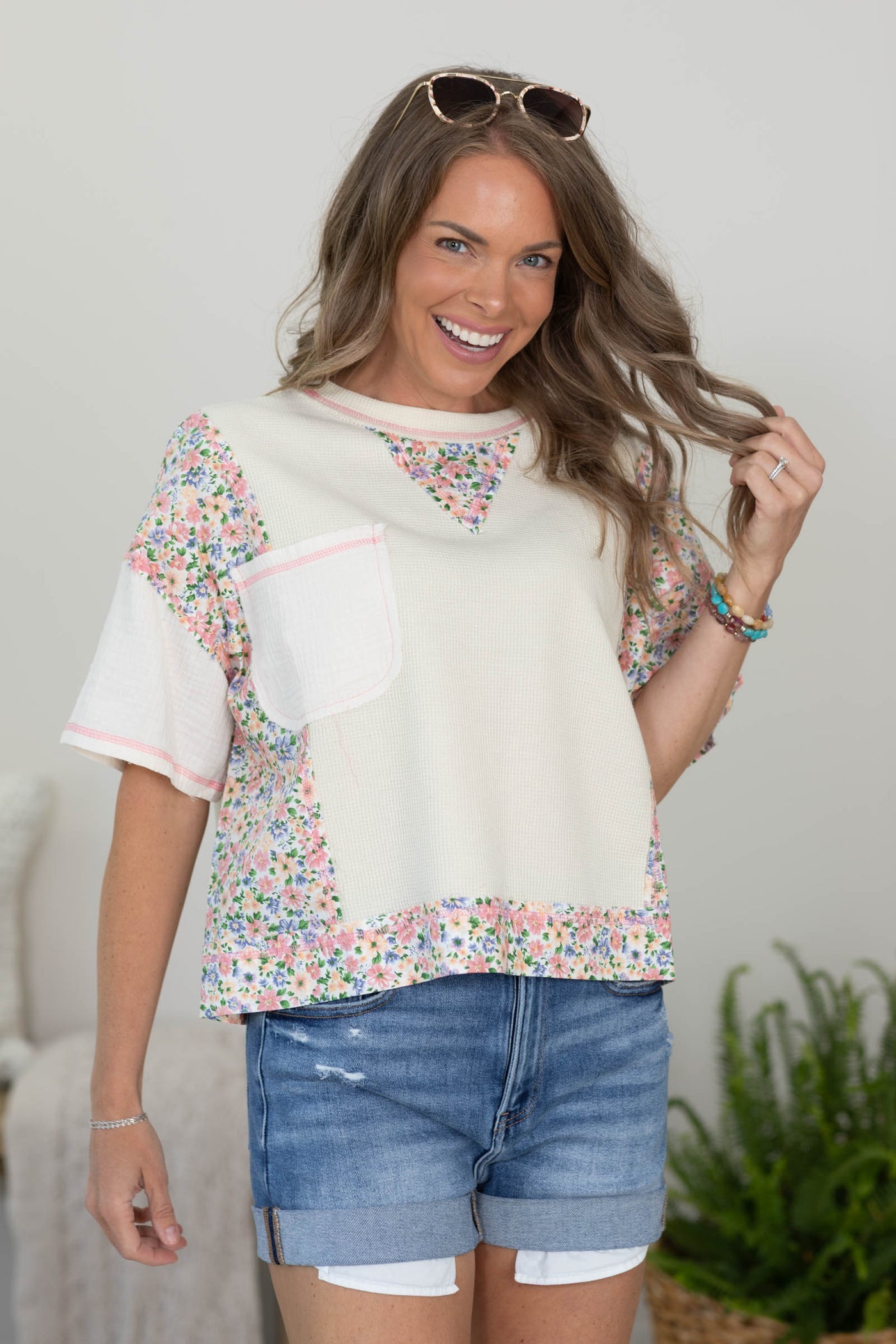 Ivory Floral Print Waffle Knit Top With Gauze Detail