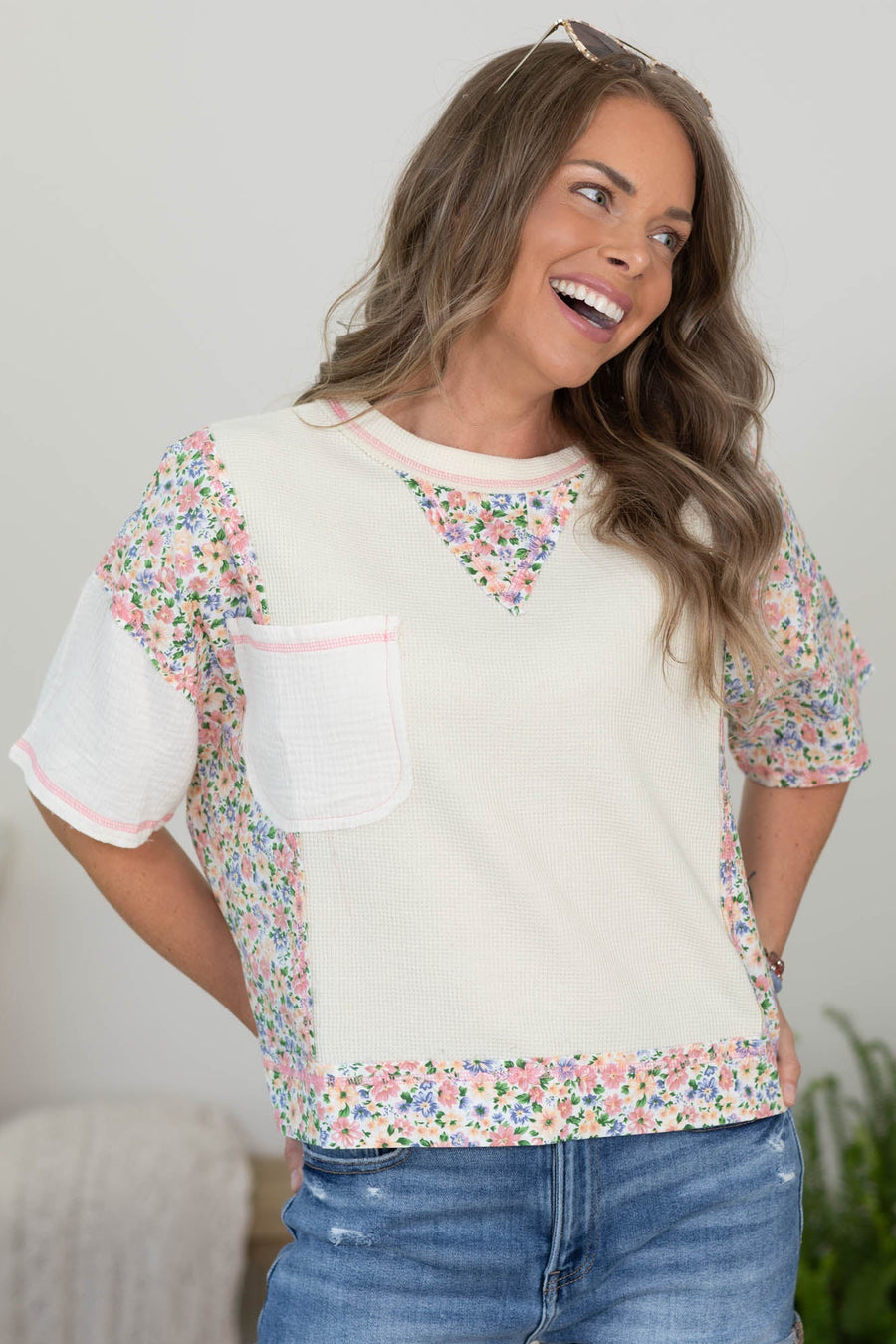 Ivory Floral Print Waffle Knit Top With Gauze Detail