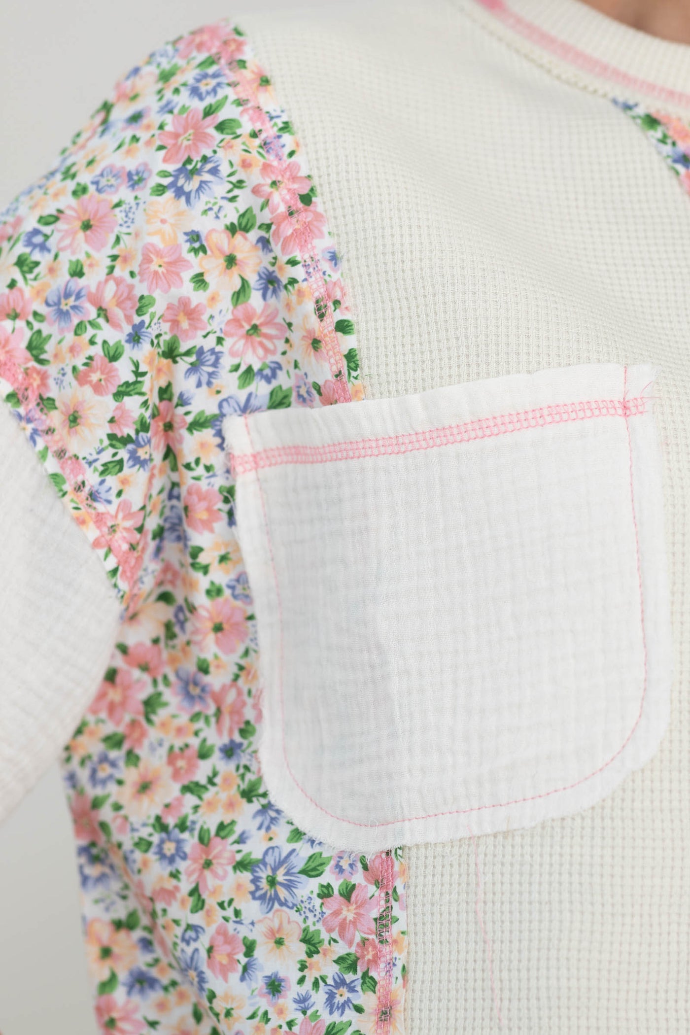 Ivory Floral Print Waffle Knit Top With Gauze Detail