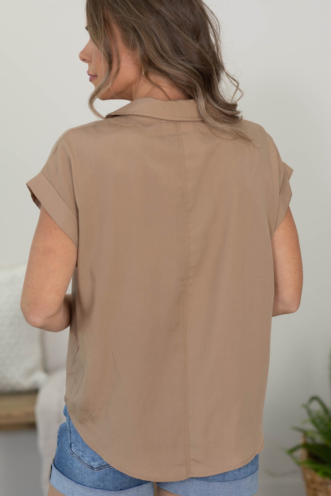 Taupe Solid Button Down Short Sleeve Top