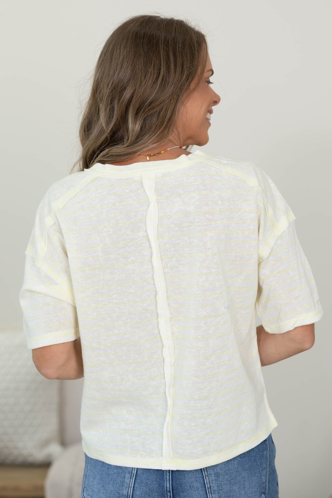 Stripe Exposed Seam Henley Boxy Knit Top
