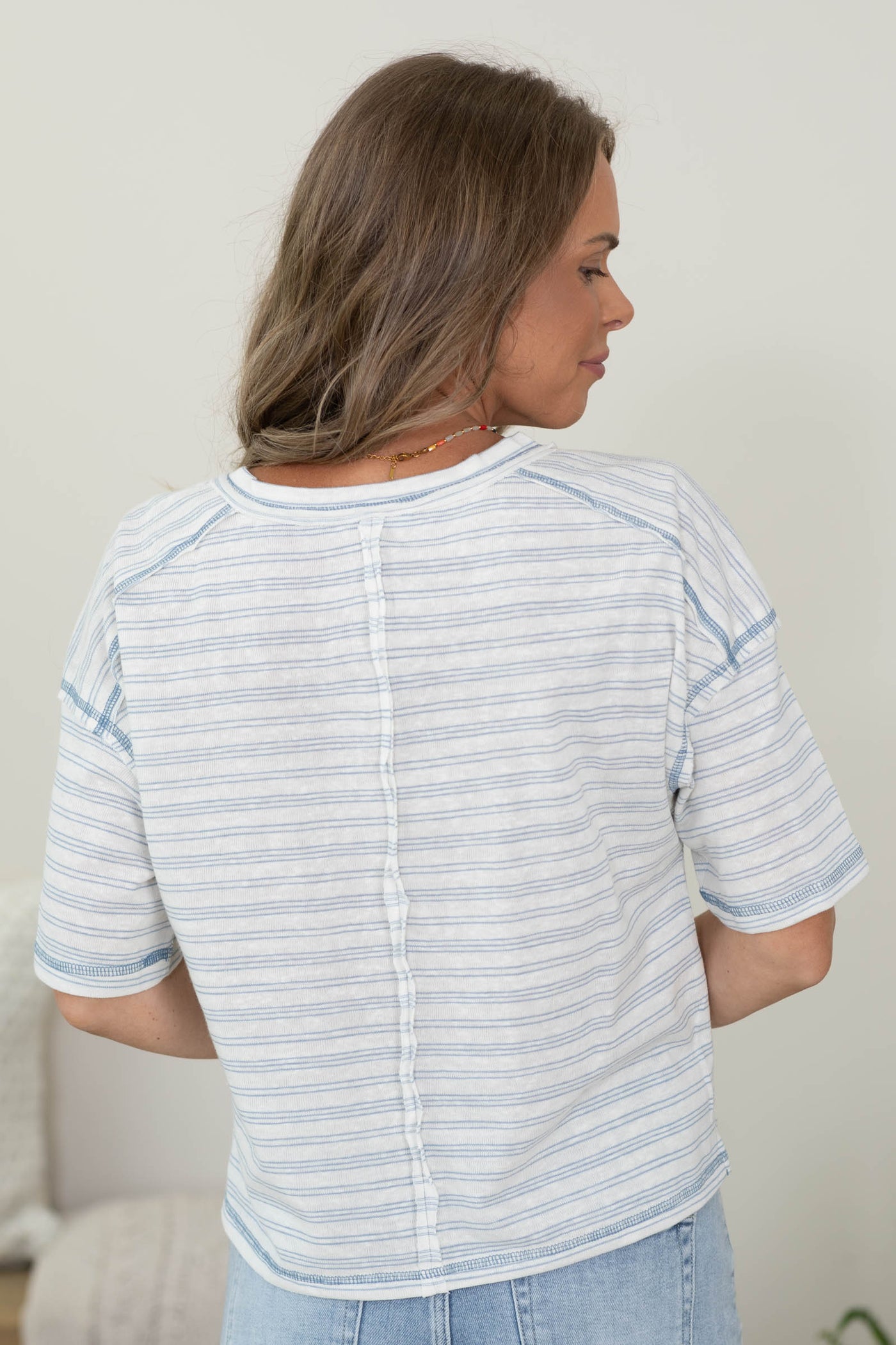 Stripe Exposed Seam Henley Boxy Knit Top