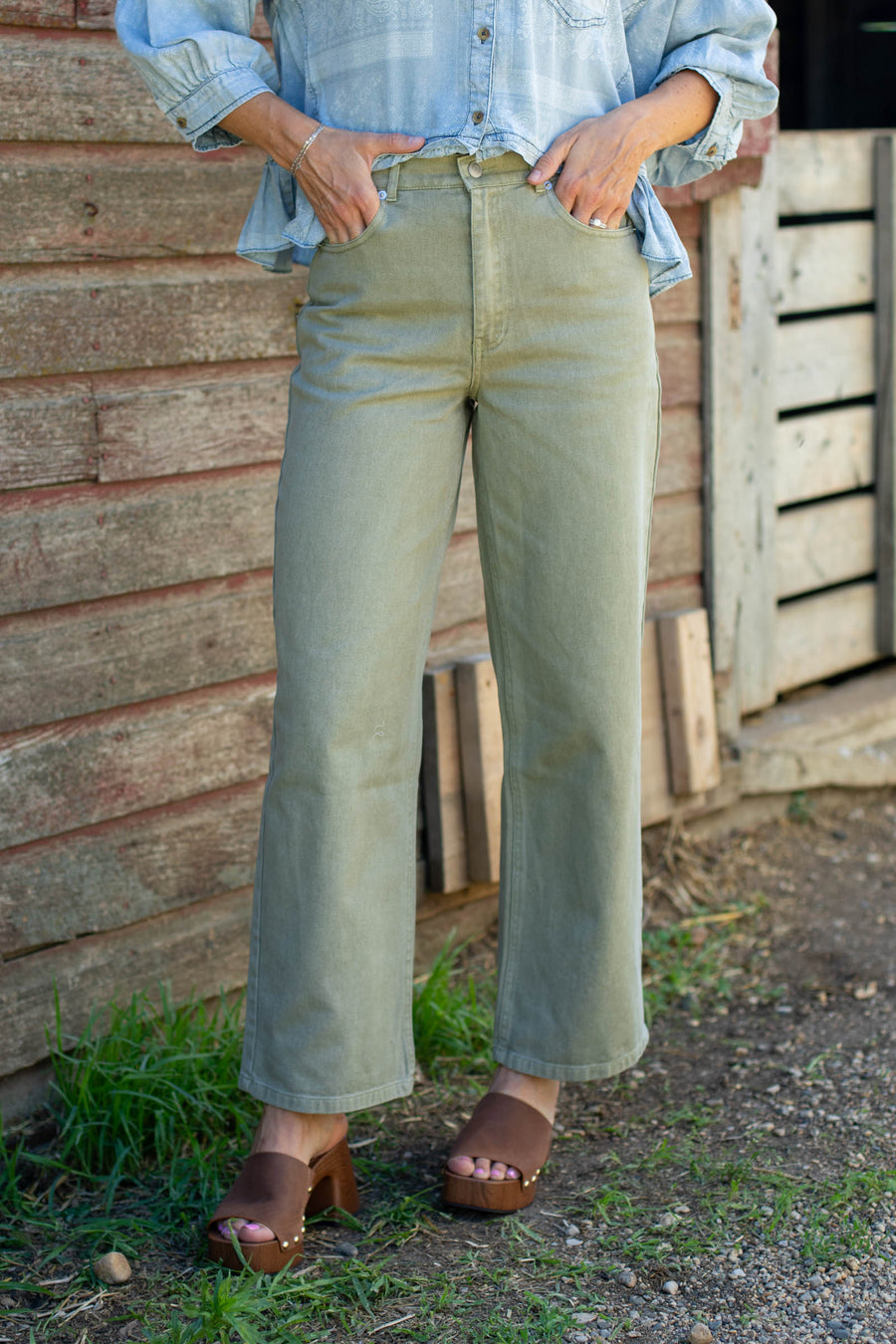 Light Olive Washed Wide Leg Jeans