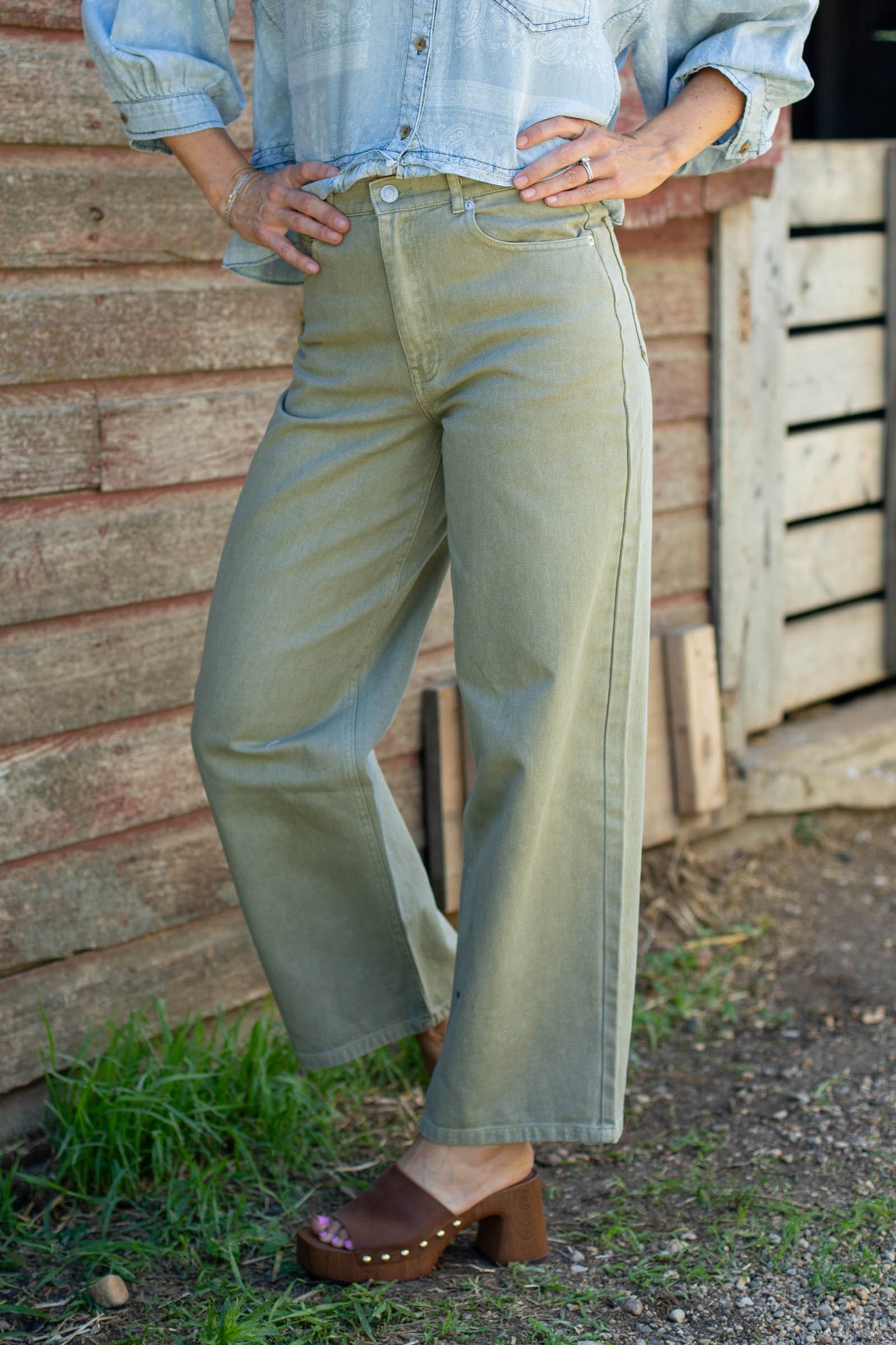 Light Olive Washed Wide Leg Jeans
