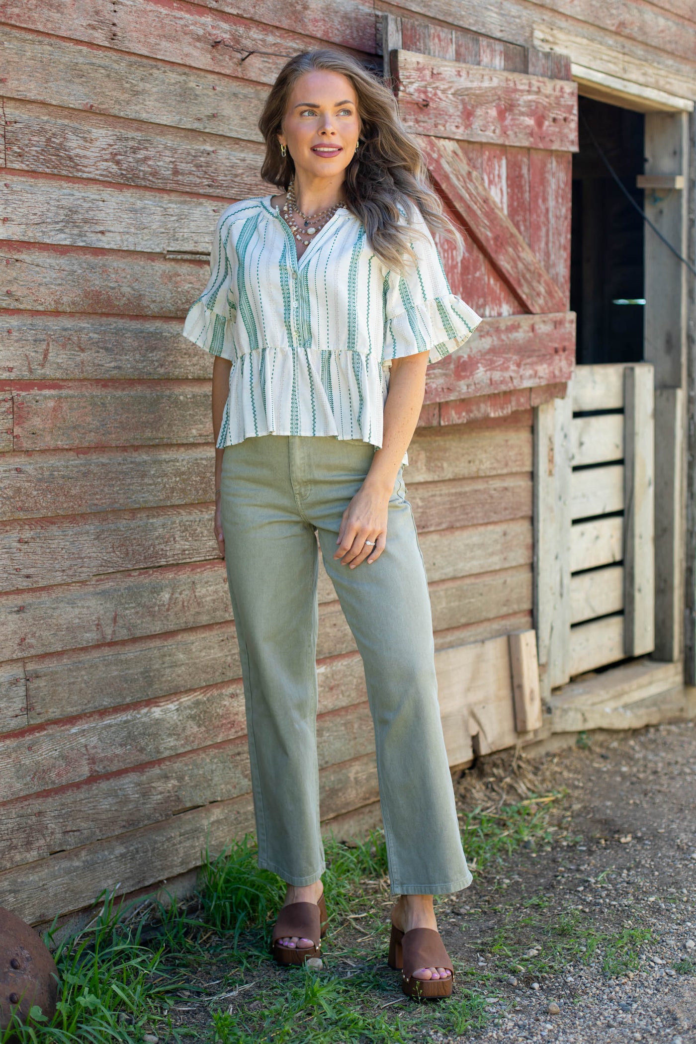 Light Olive Washed Wide Leg Jeans