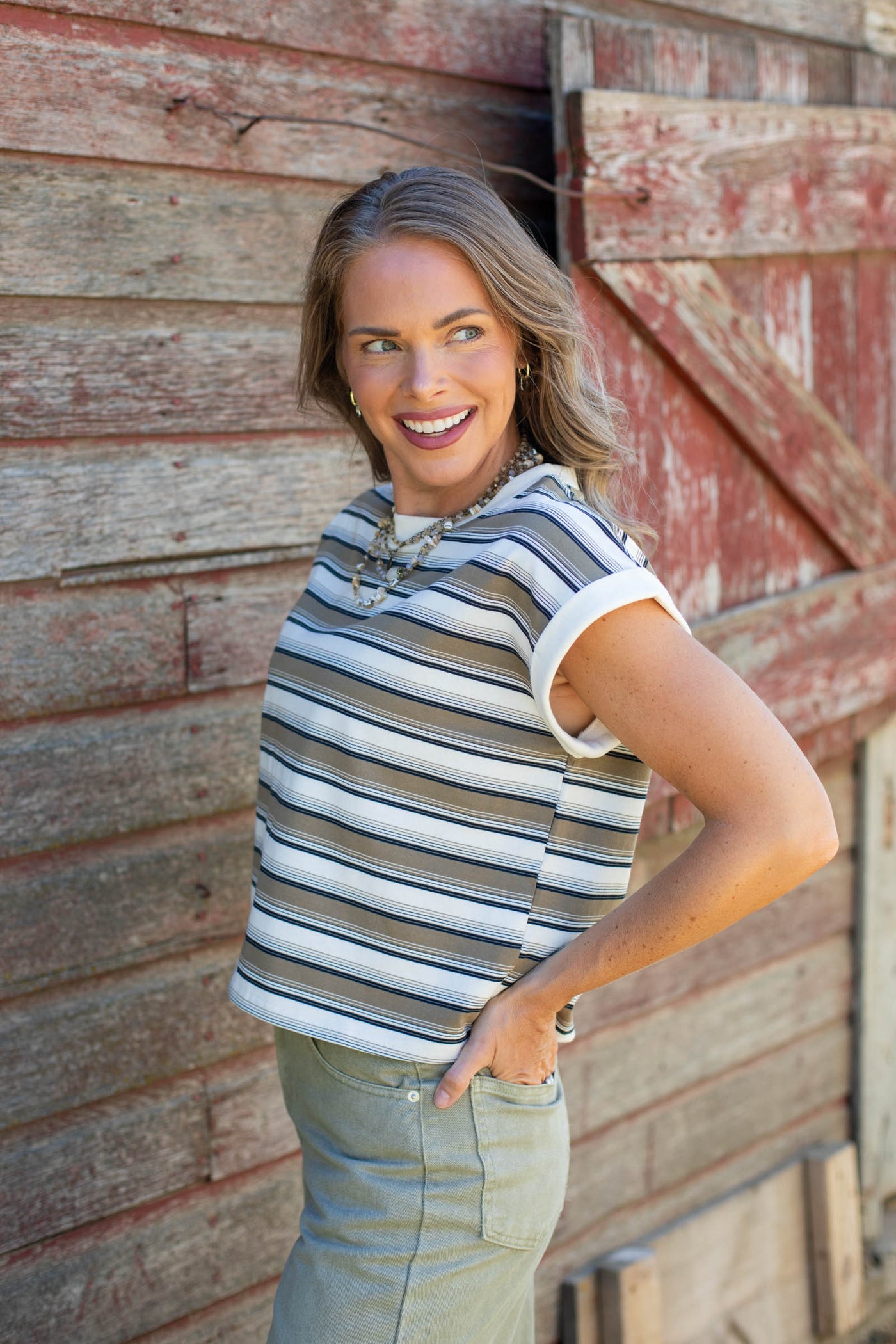Cream Multicolor Stripe Crewneck Knit Top