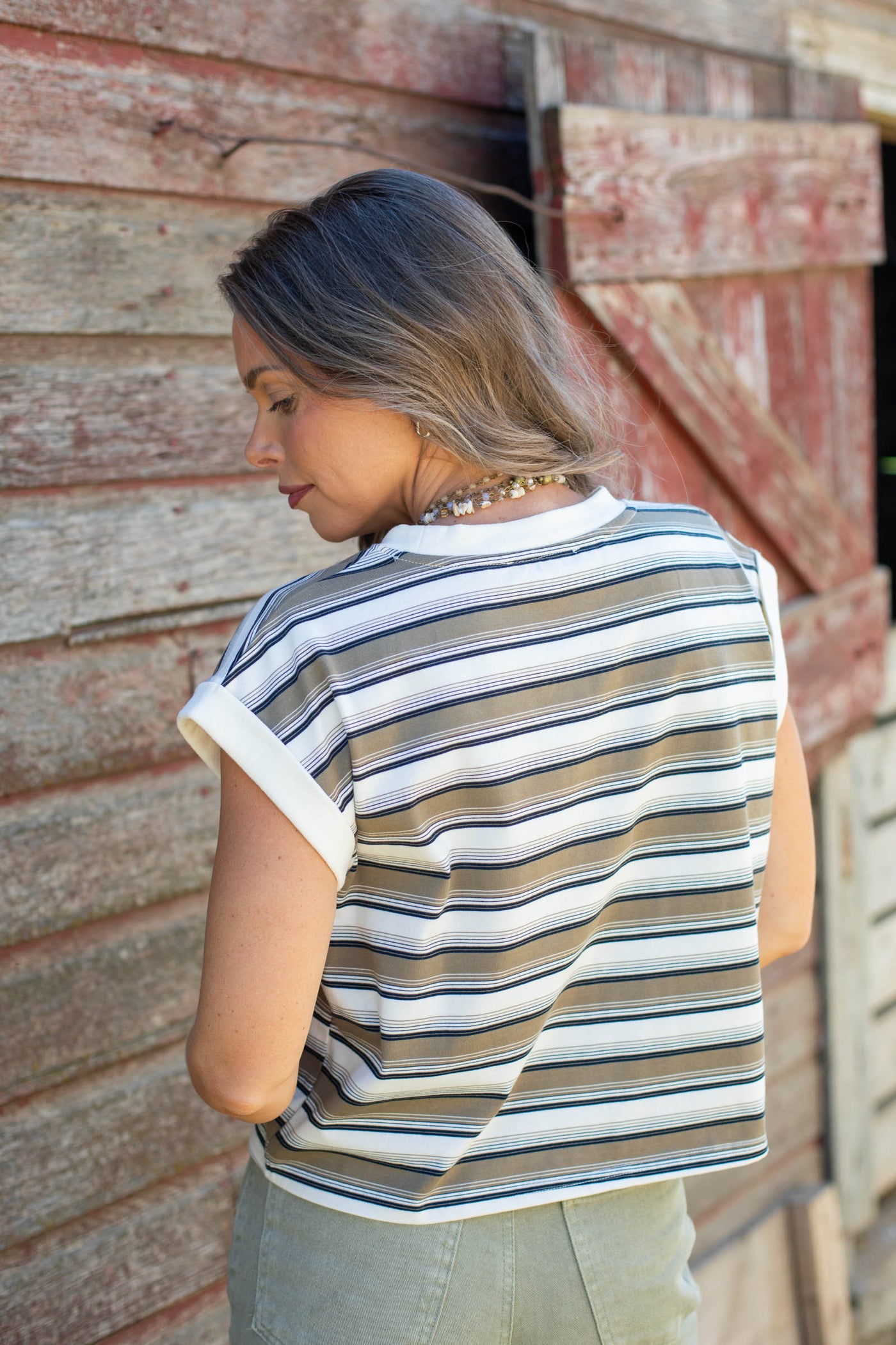 Cream Multicolor Stripe Crewneck Knit Top